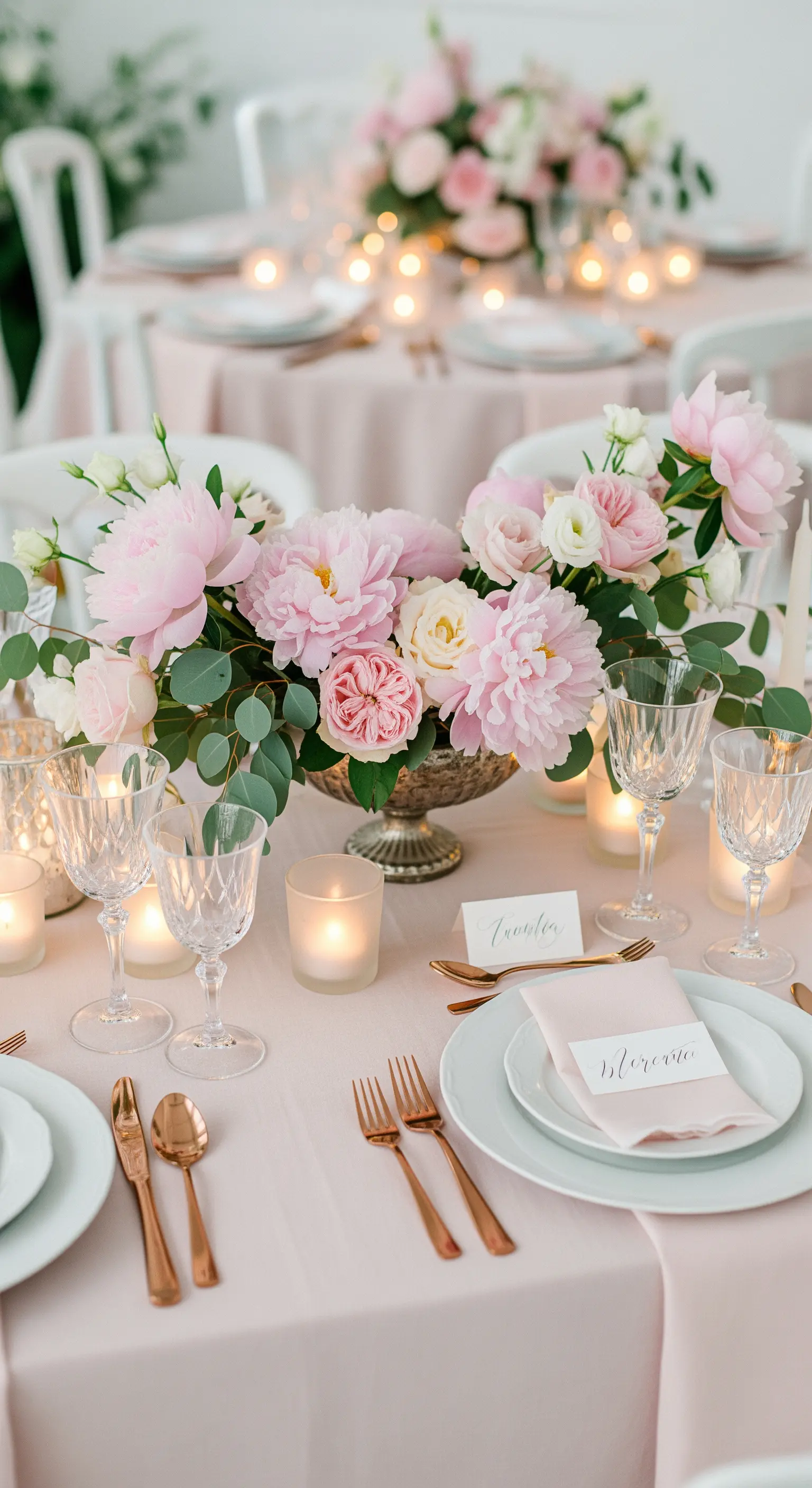 Tavola romantica con tovaglia rosa, fiori di peonia e posate in oro rosa.