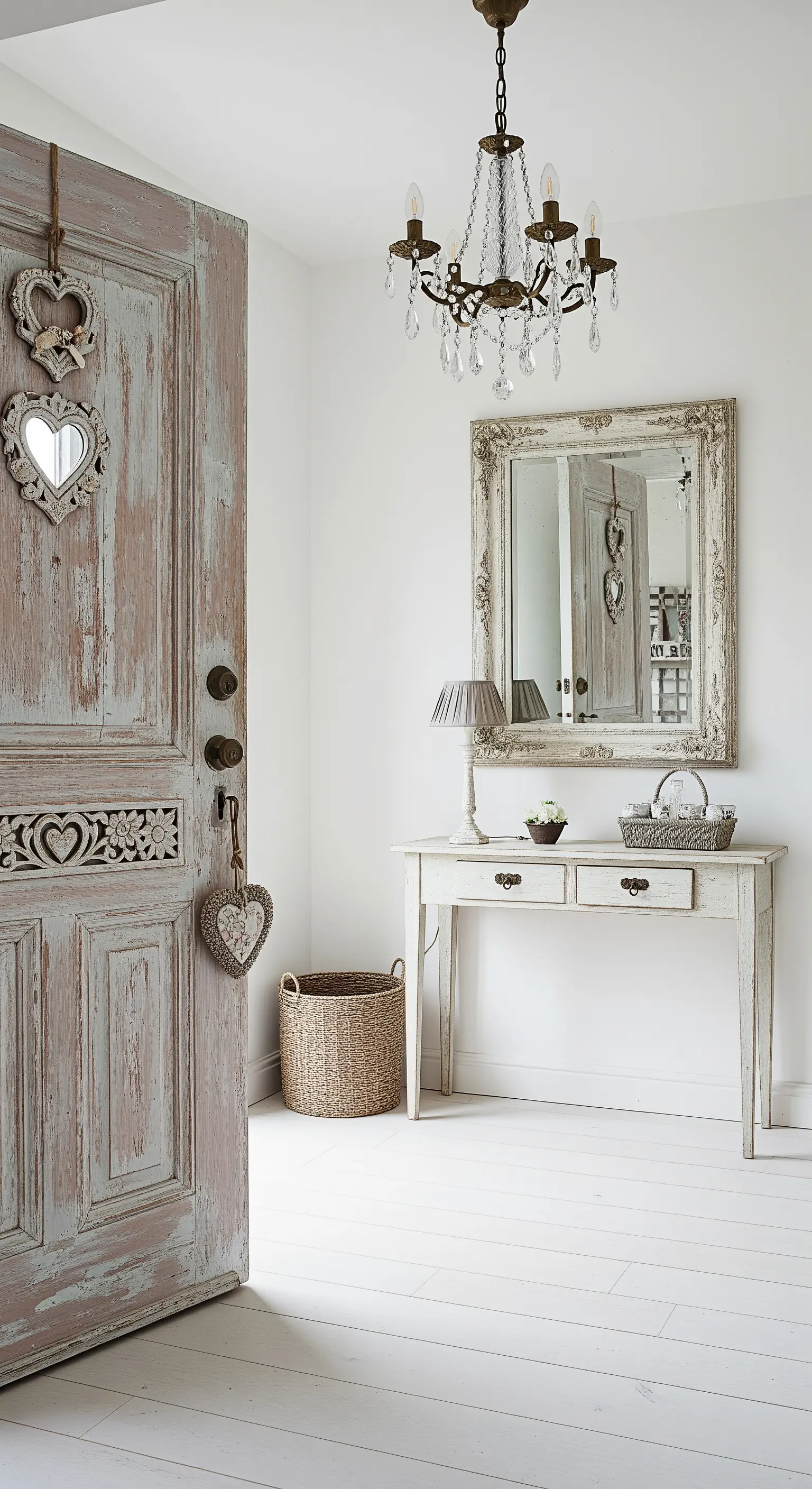 Ingresso shabby chic con porta decapata, consolle bianca e un piccolo lampadario di cristallo.