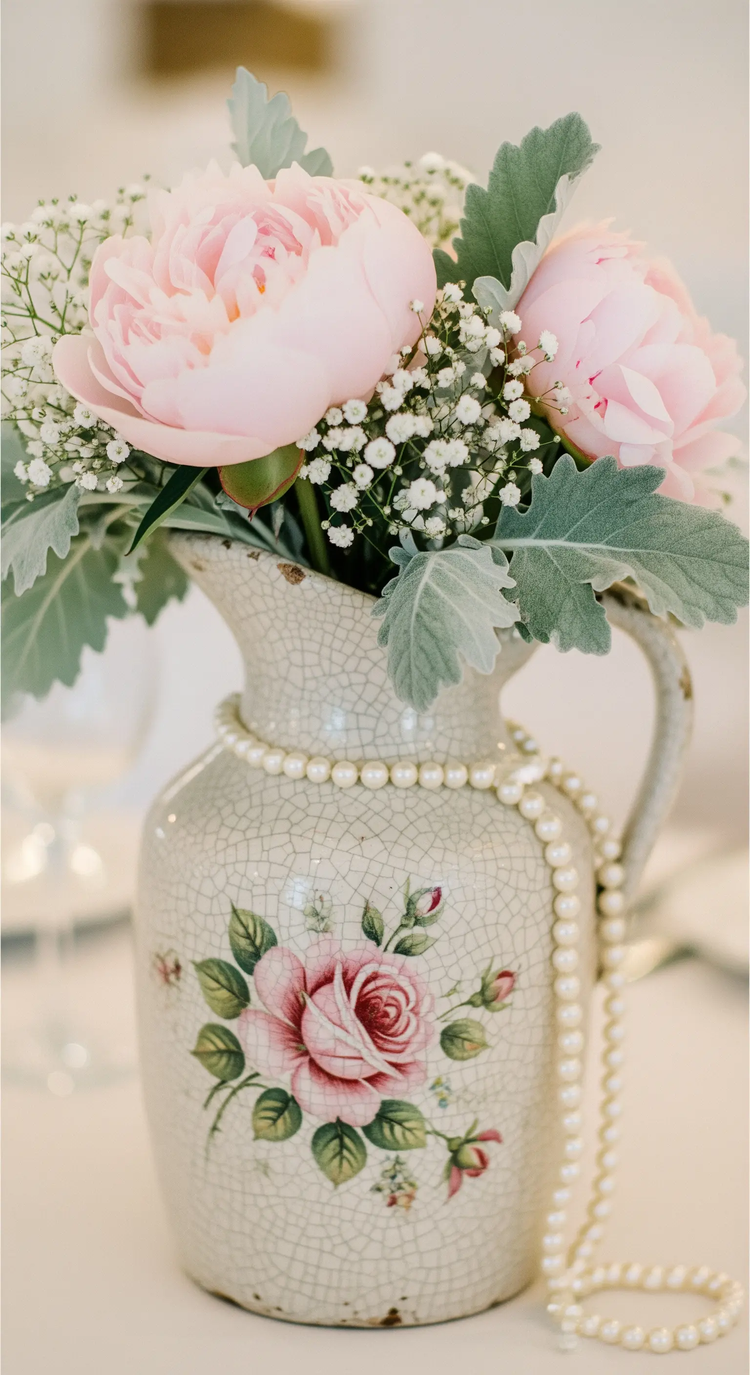 Brocca in ceramica craquelé con rose dipinte e un bouquet di peonie rosa.