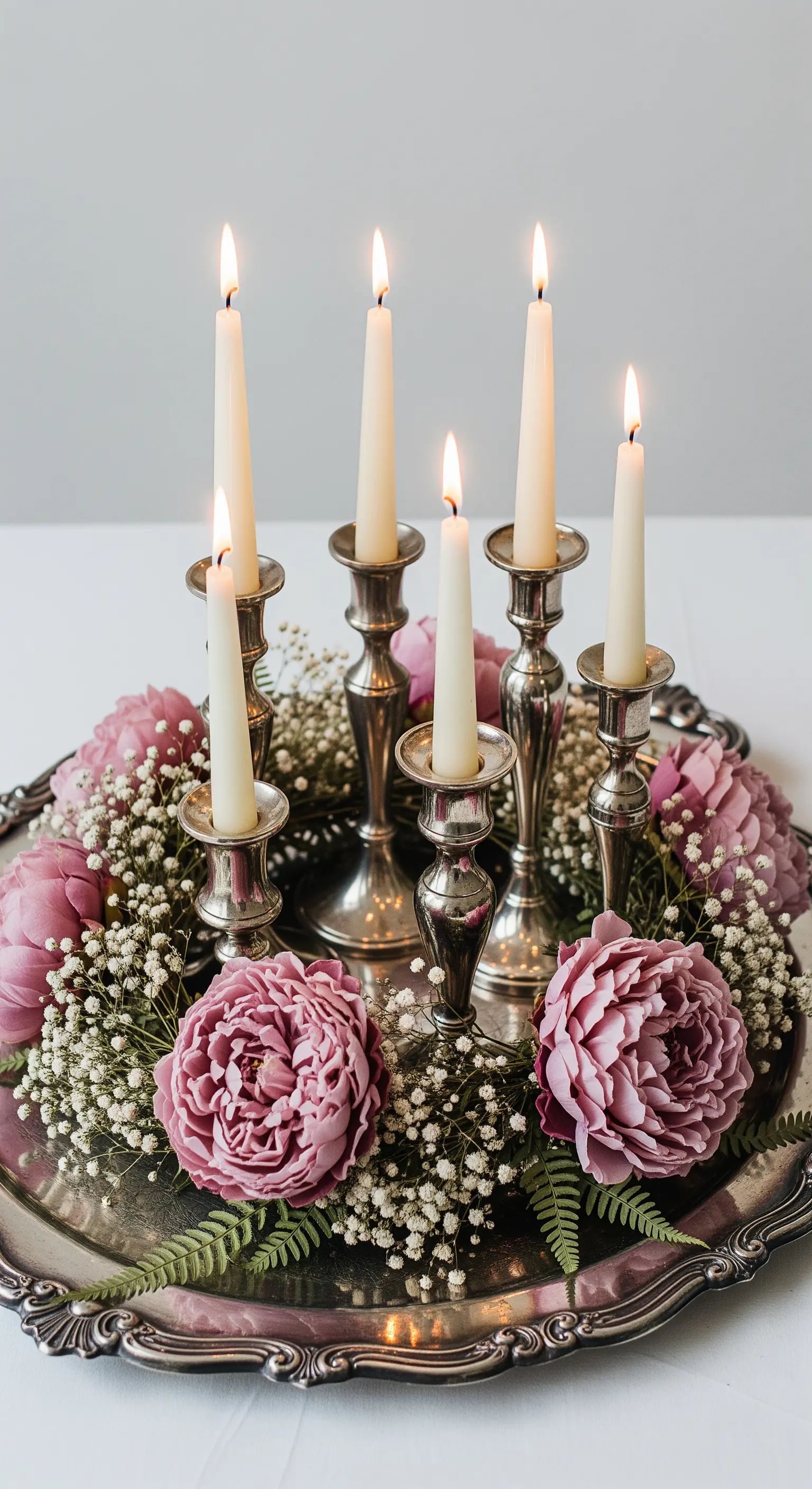 Vassoio d'argento con candelabri, peonie rosa e gypsophila per un centrotavola romantico.