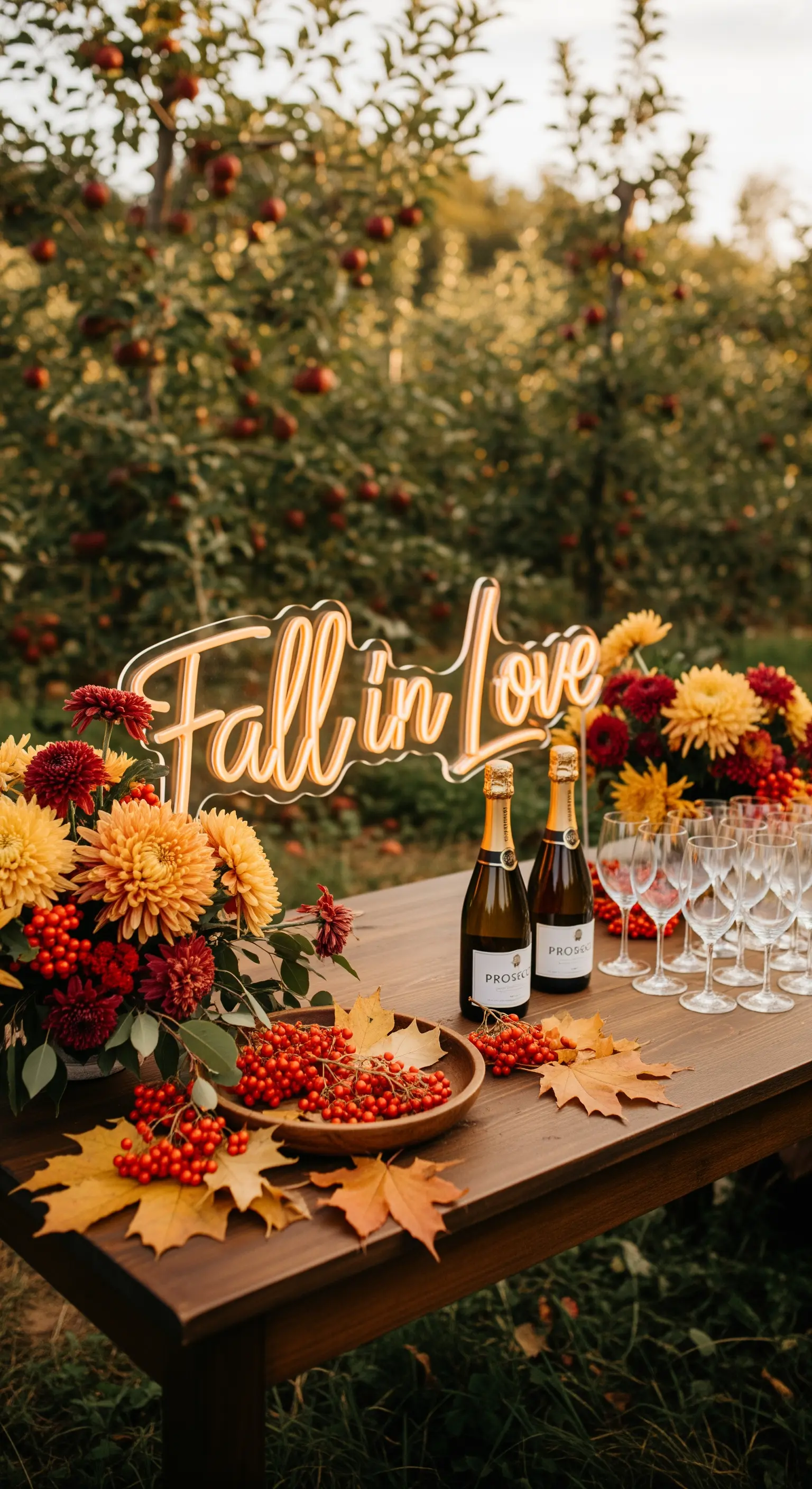 Tavolo autunnale con dalie, bacche, foglie e insegna