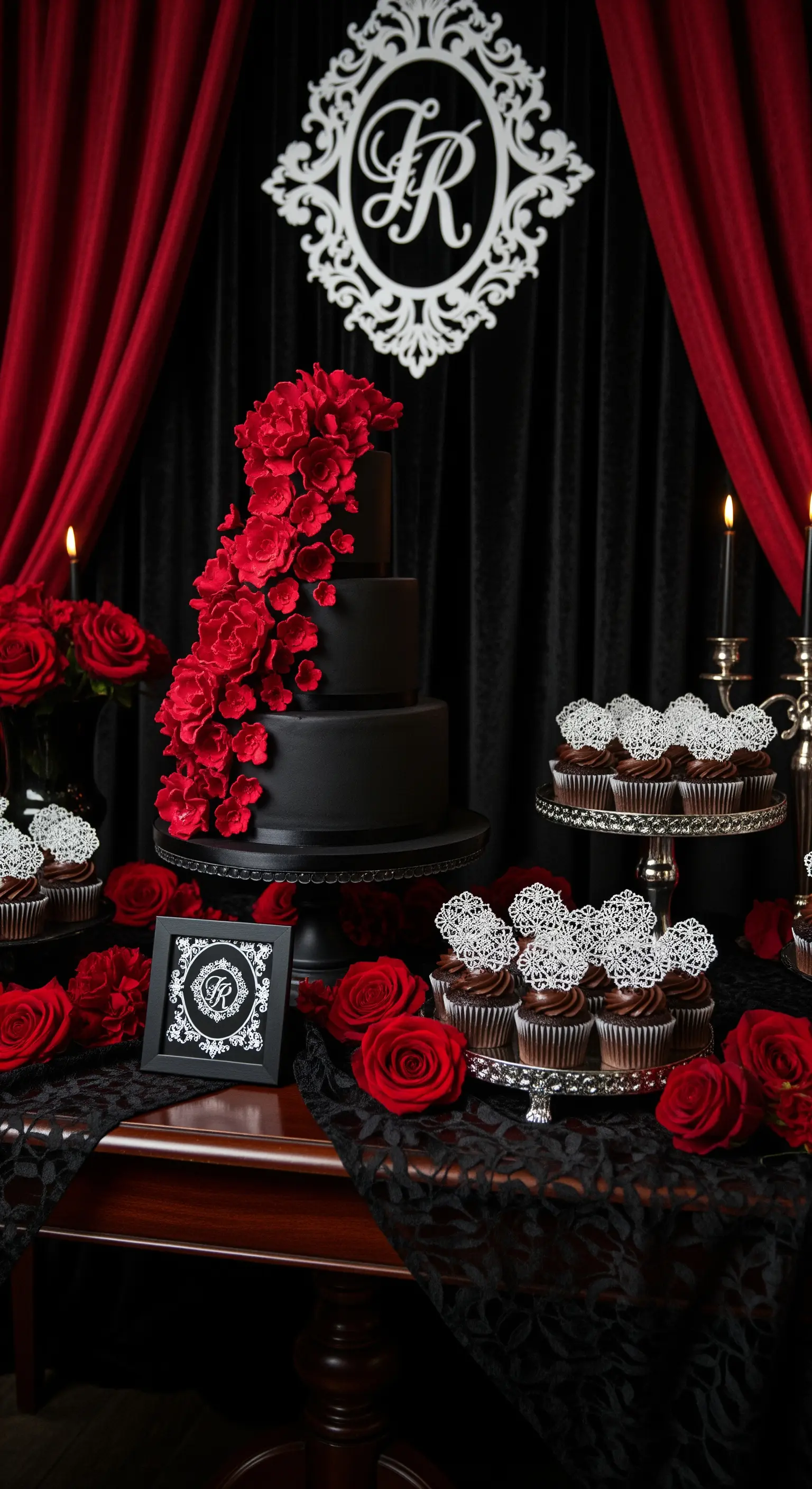 Torta nuziale nera con una cascata di rose rosse, su un tavolo con pizzo e candele