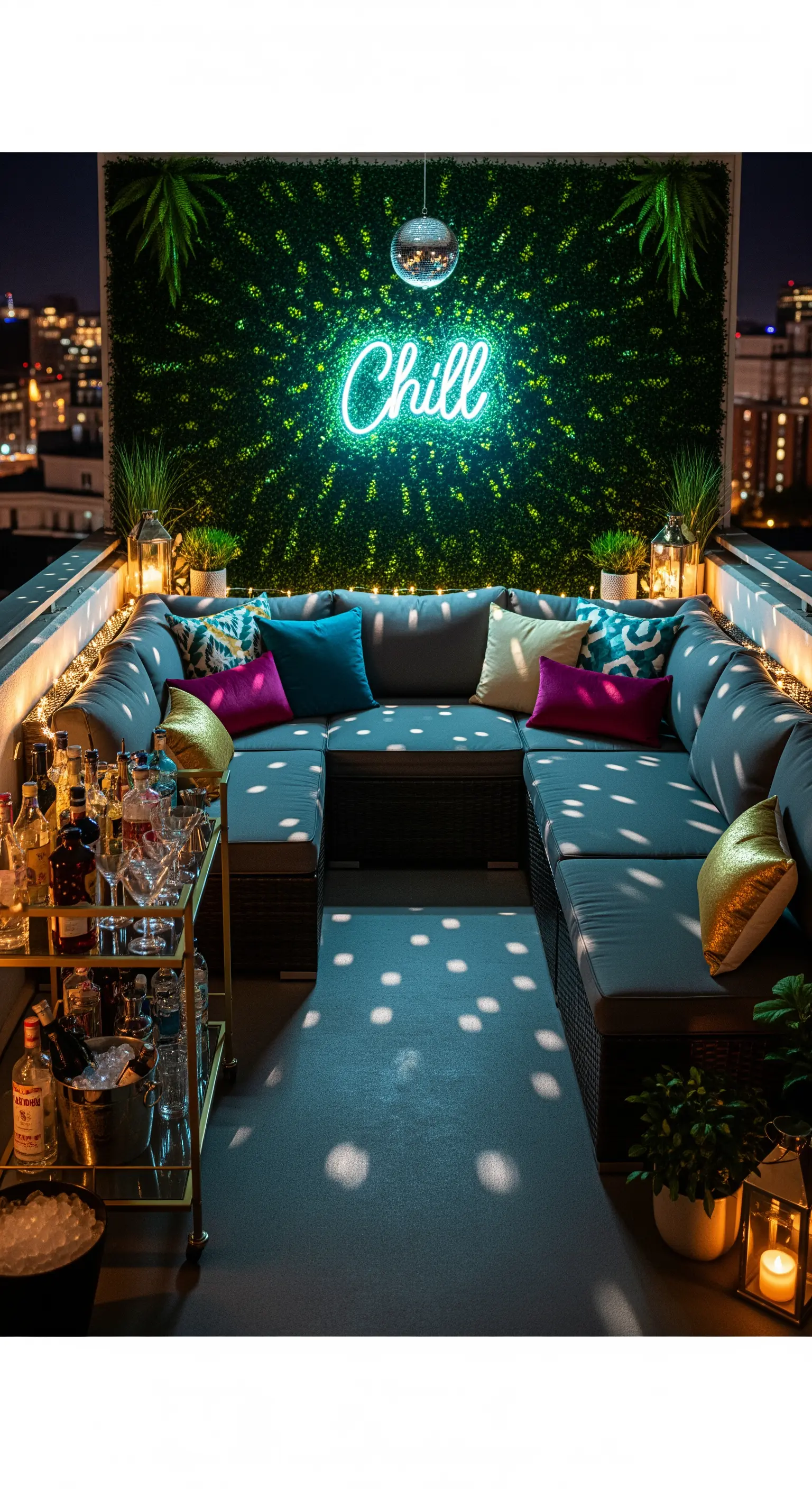 Terrazza allestita per una festa con divano a U, bar carrello, neon e una palla da discoteca.