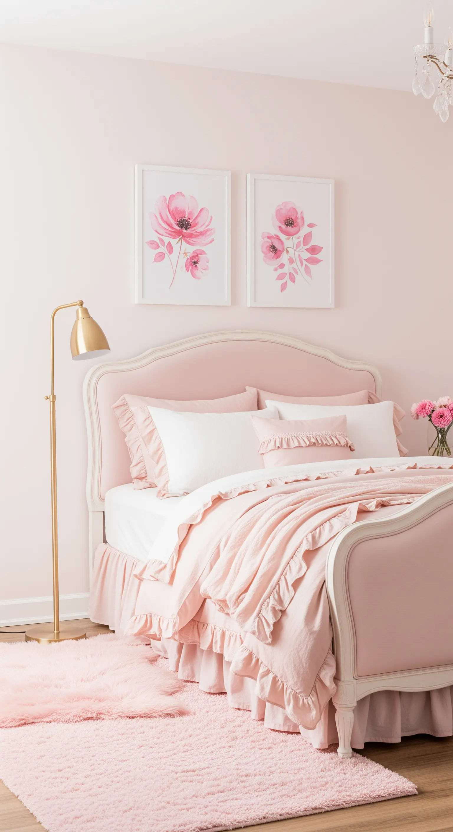 Camera da letto rosa cipria con letto dalle linee classiche e biancheria con rouches.