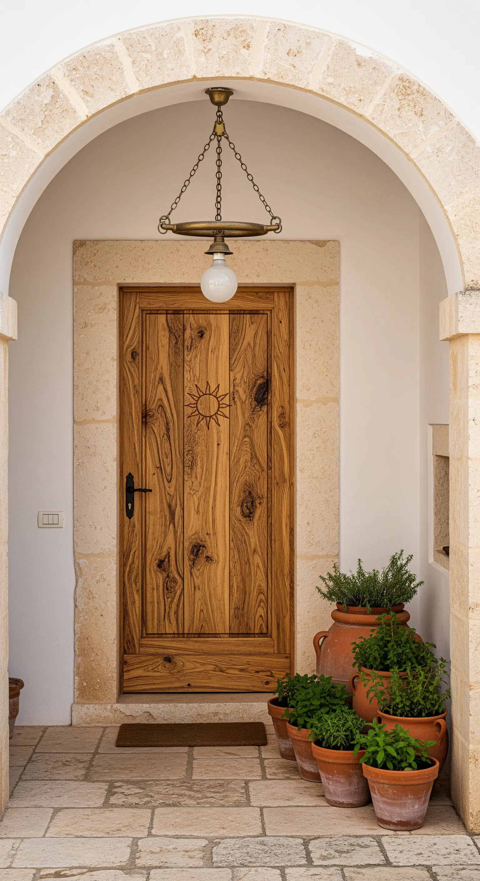 Portico mediterraneo con arco in pietra, porta in legno con sole intagliato e vasi di terracotta.