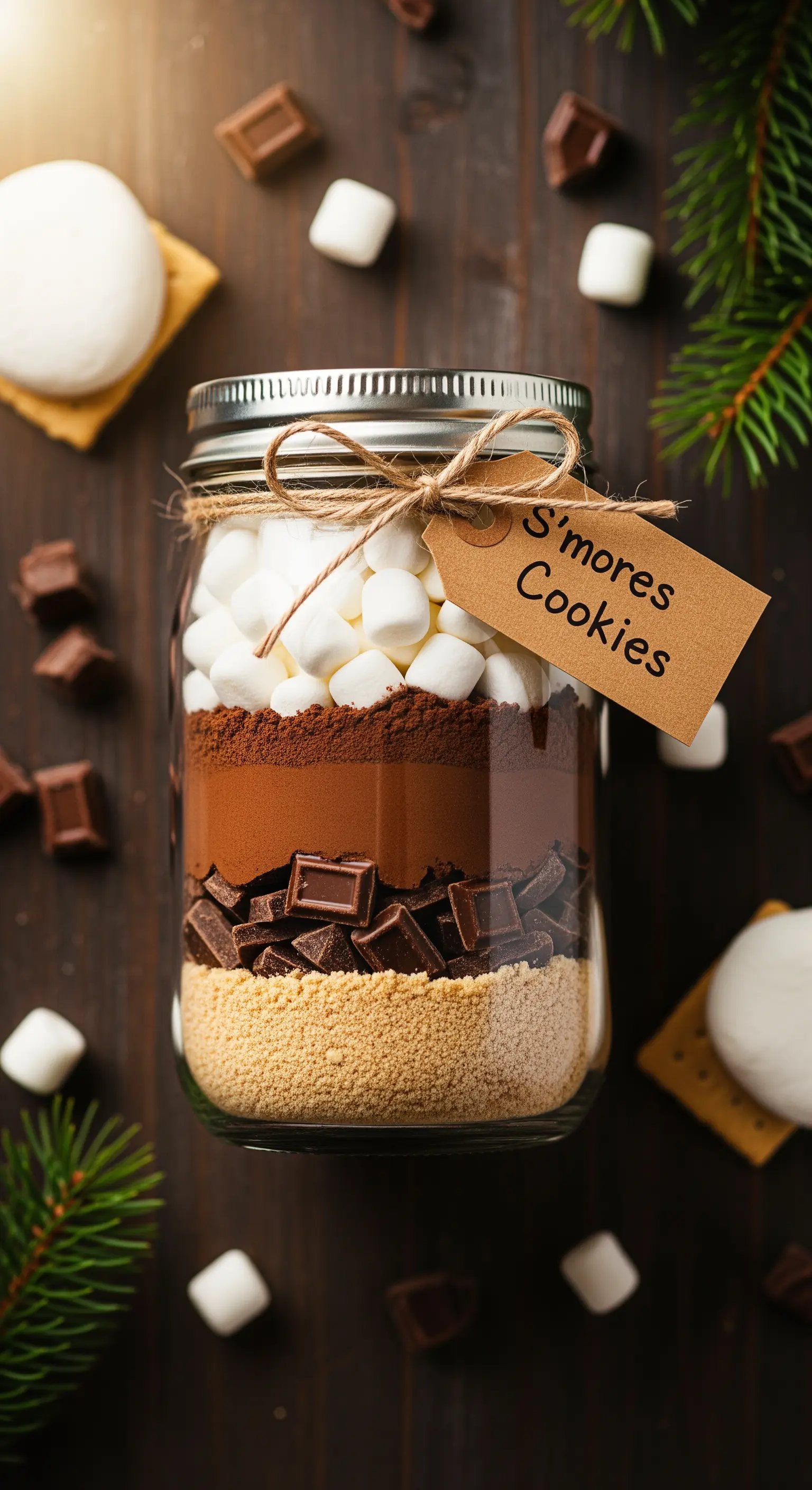 Barattolo di preparato per S'mores cookies con strati di biscotti, cioccolato e marshmallow.