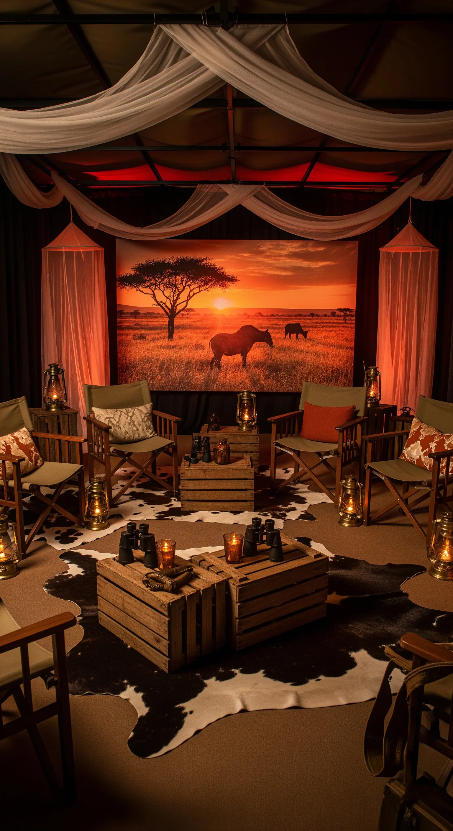 Area lounge a tema safari con sedie da regista, lanterne e un fondale con tramonto africano.