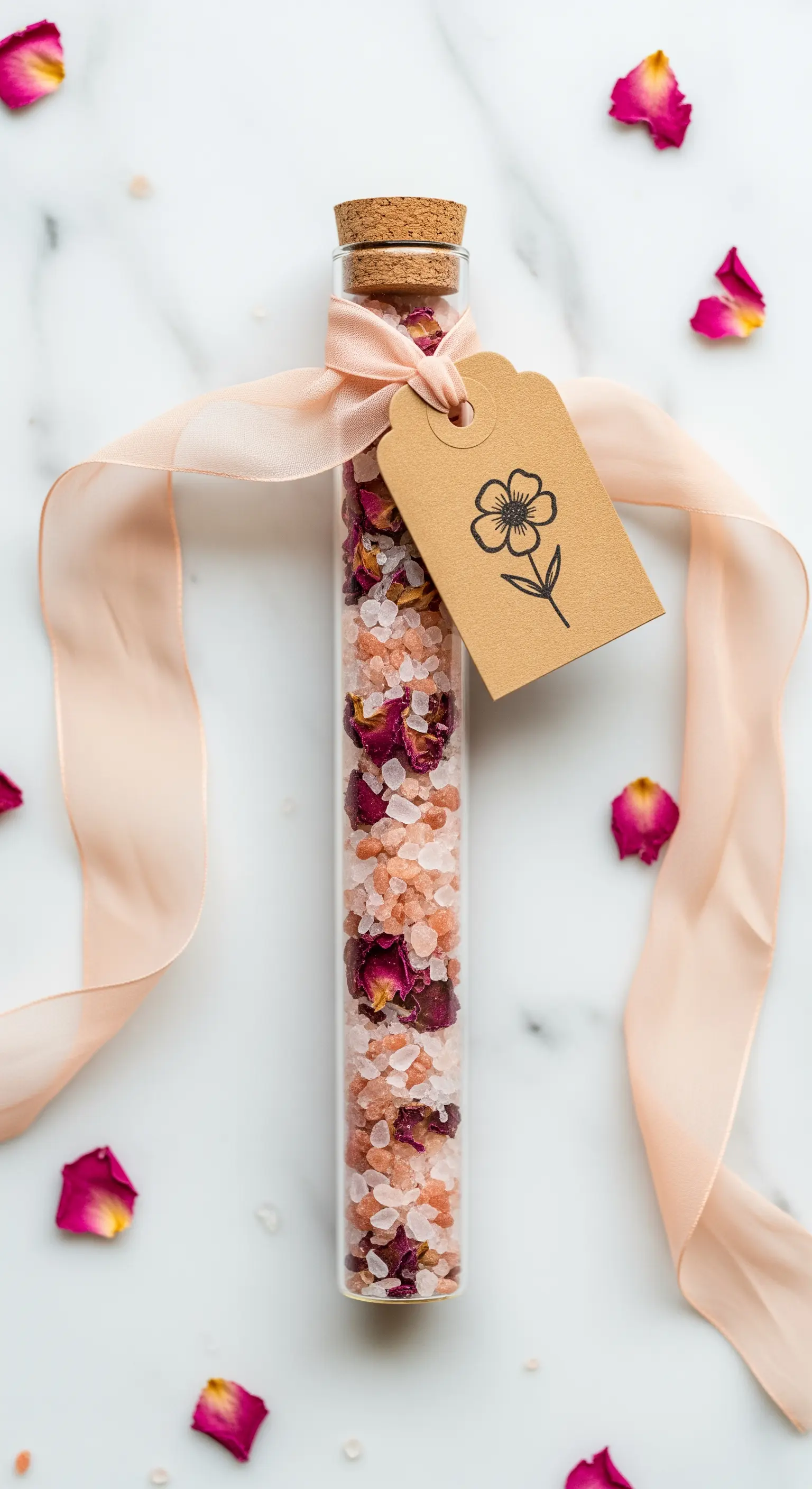 Fiala di vetro riempita con sali da bagno rosa e petali di rosa, chiusa da un nastro.