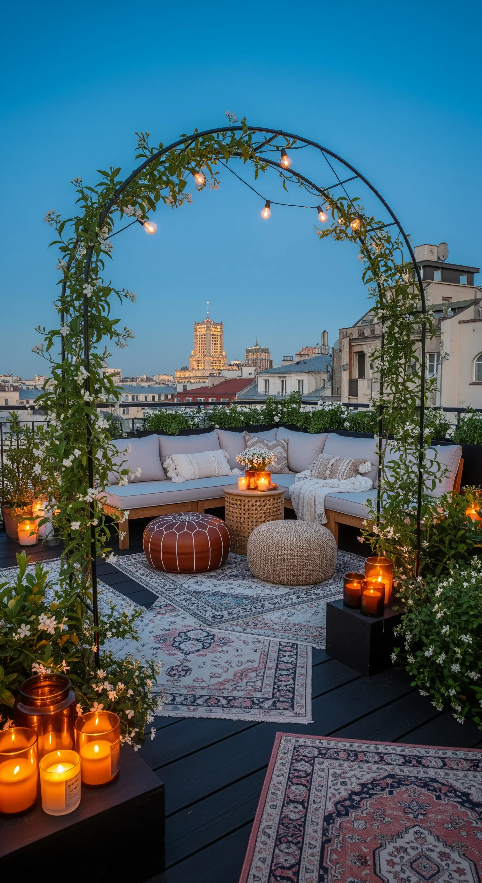 Terrazza urbana con arco in metallo, divano, tappeti boho e tante candele accese.