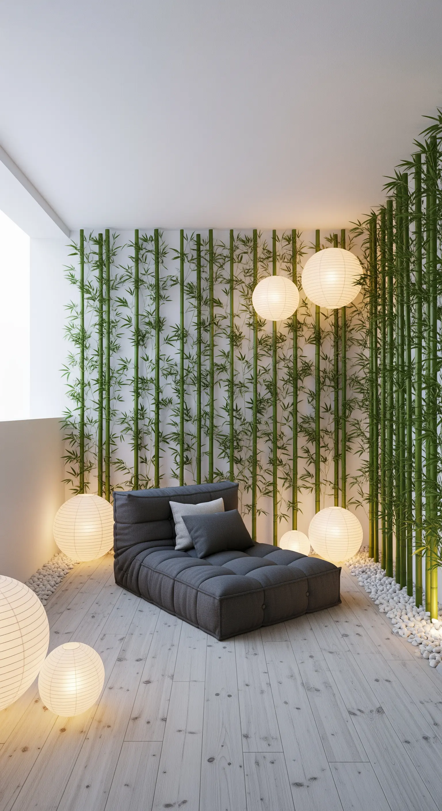 Spazio relax minimalista con chaise longue grigia, parete di bambù e lanterne di carta luminose.
