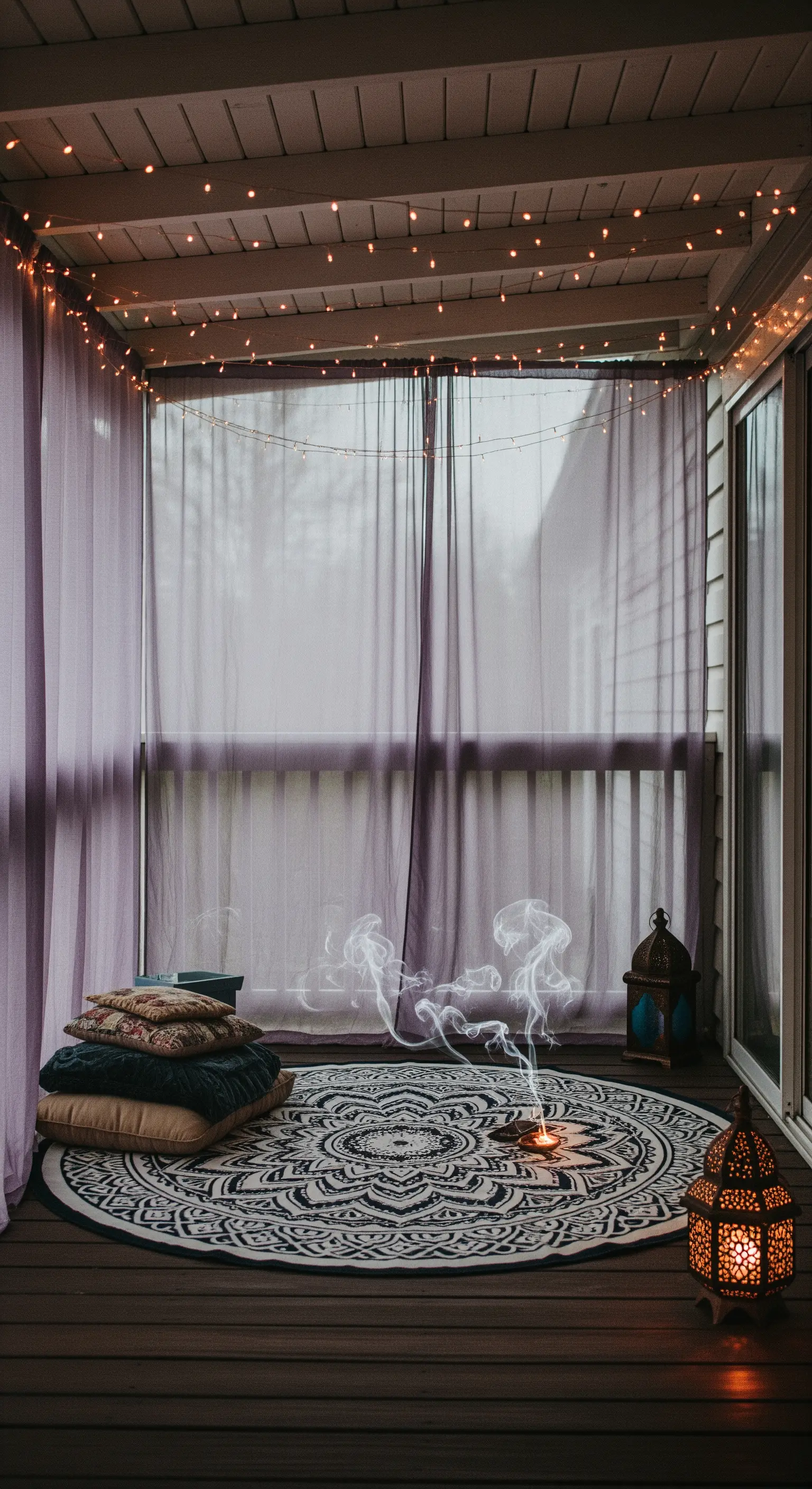 Balcone intimo con tende viola, tappeto mandala, cuscini e incenso che brucia.