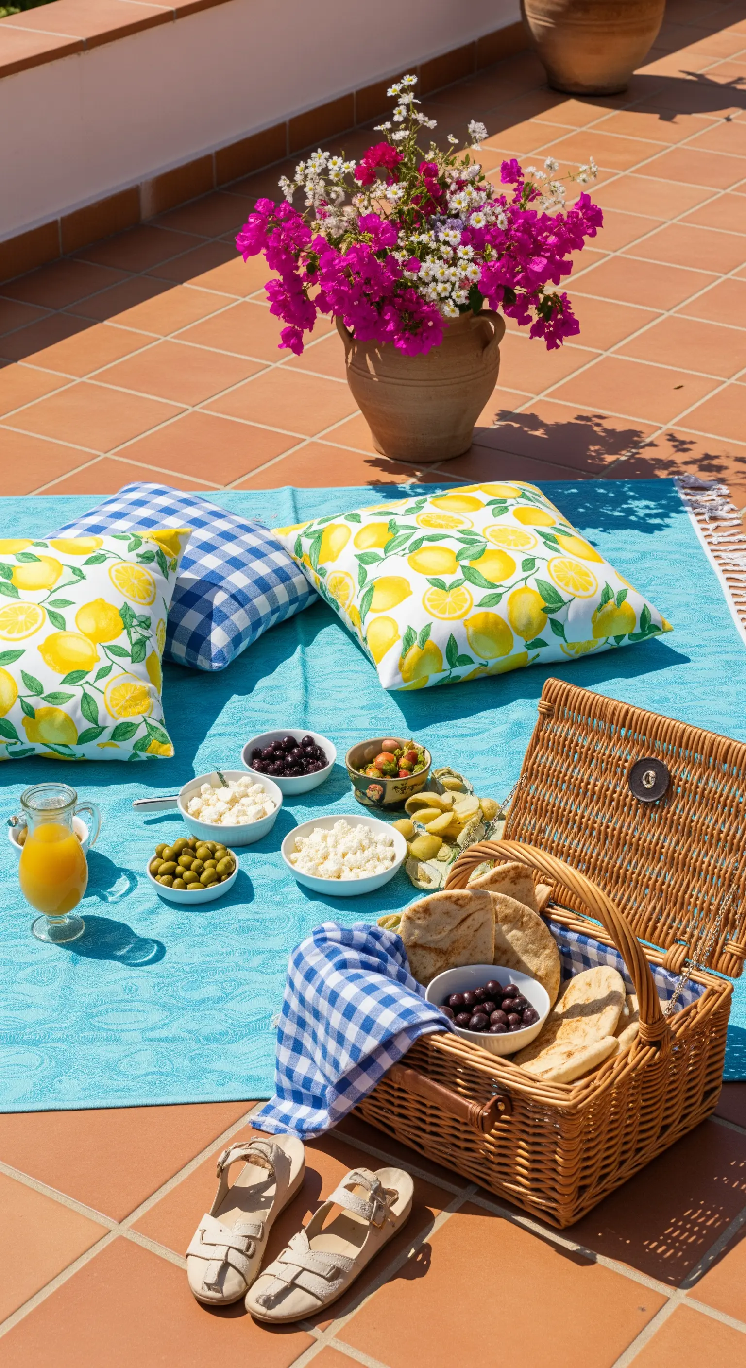 Picnic in stile mediterraneo con cuscini a tema limoni e cibo greco