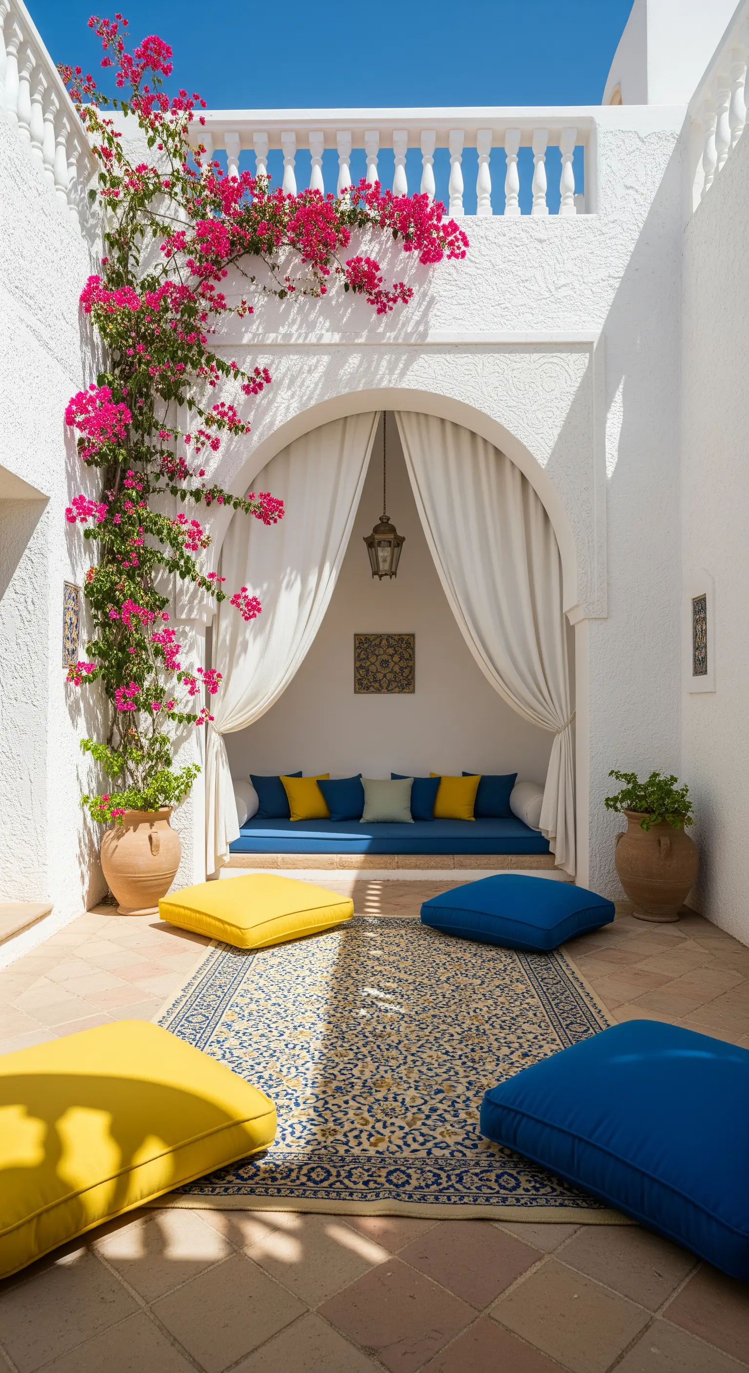 Patio mediterraneo con alcova, tende bianche, bouganville e cuscini gialli e blu.