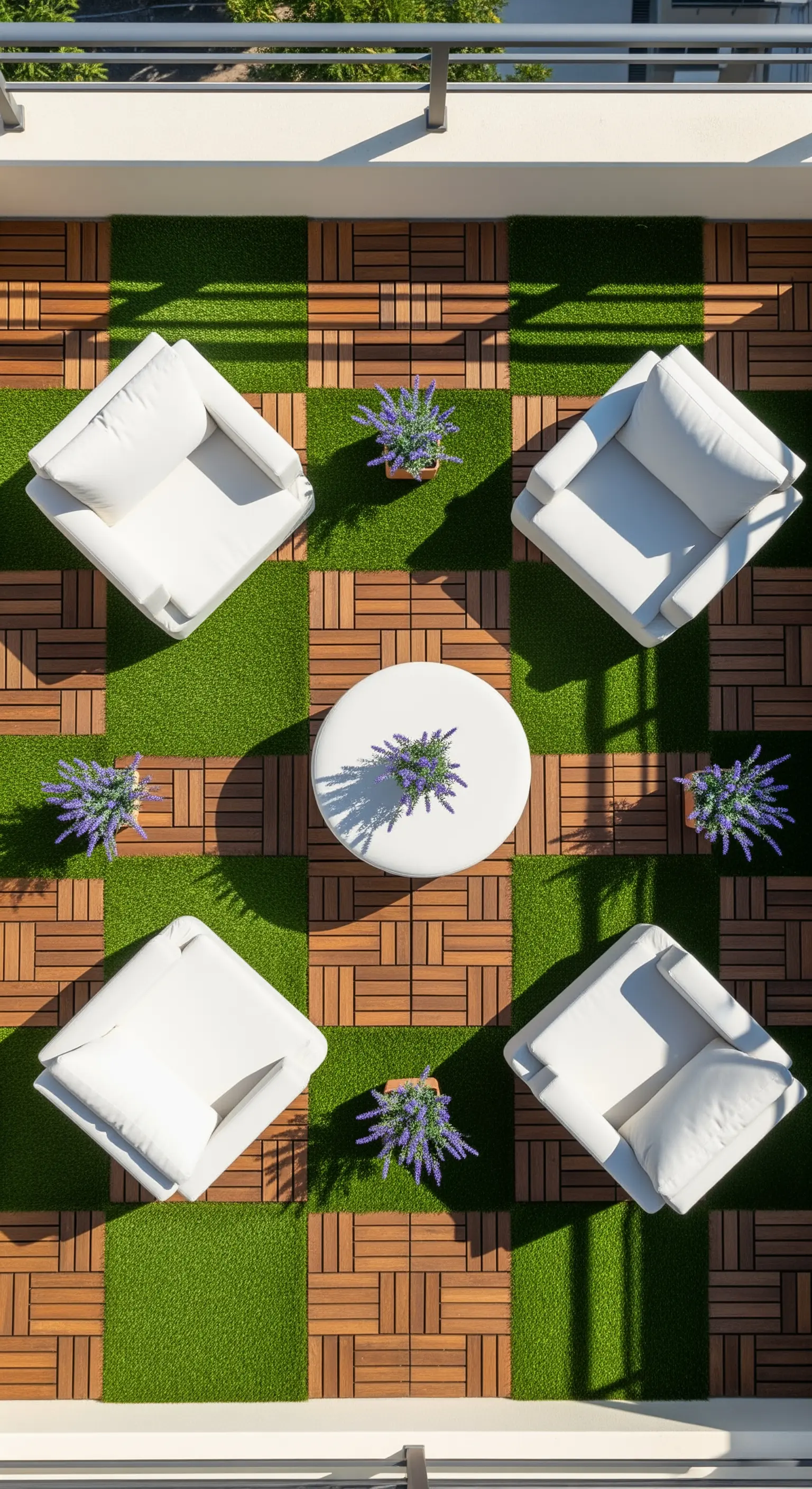 Terrazza con pavimento a scacchiera in legno e erba sintetica, poltrone bianche e lavanda.