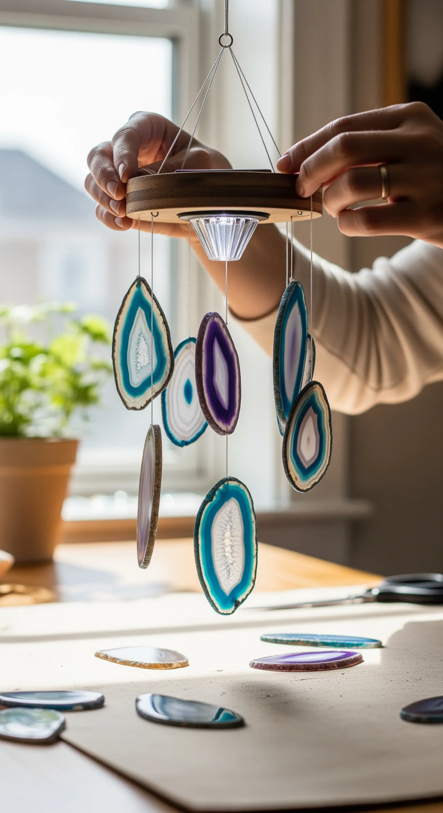 Scacciapensieri fai-da-te con fette di agata blu e viola appese a una base con luce solare.