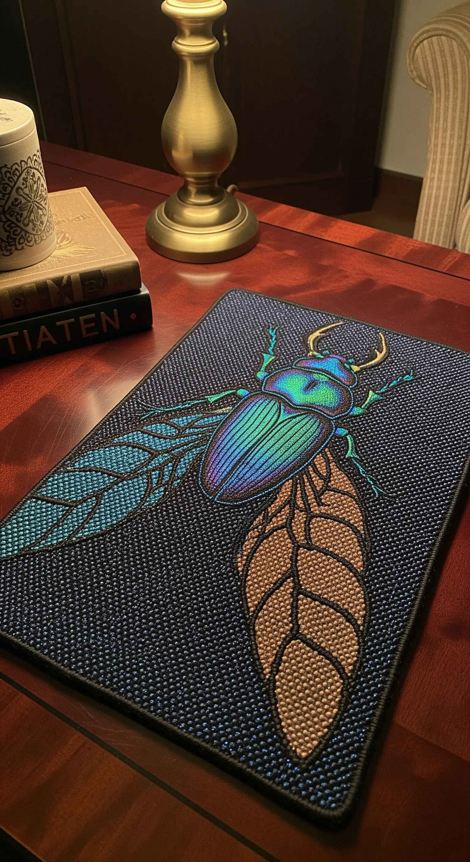 Piccolo tappeto nero con un grande scarabeo iridescente ricamato, su una scrivania in legno.
