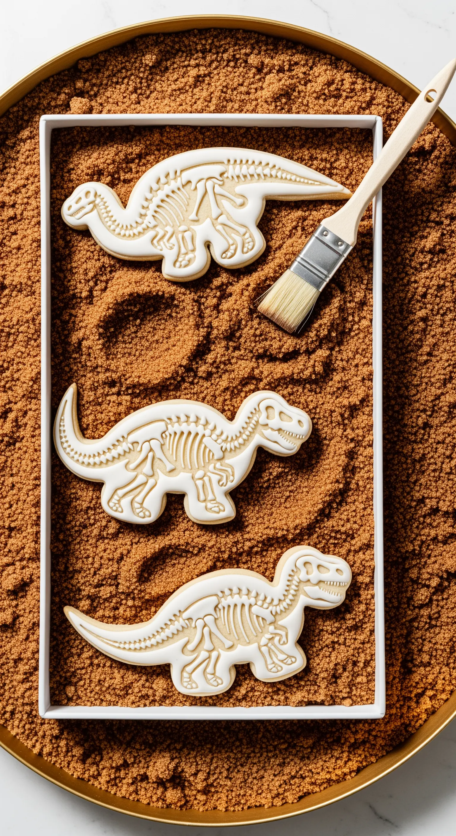 Biscotti a forma di scheletro di dinosauro in una scatola piena di zucchero di canna.