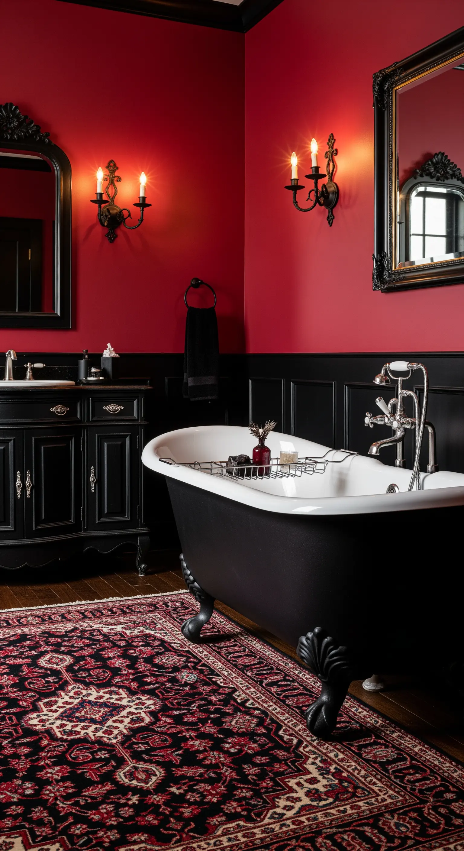 Bagno gotico con pareti rosse e boiserie nera, arredi scuri e tappeto persiano.