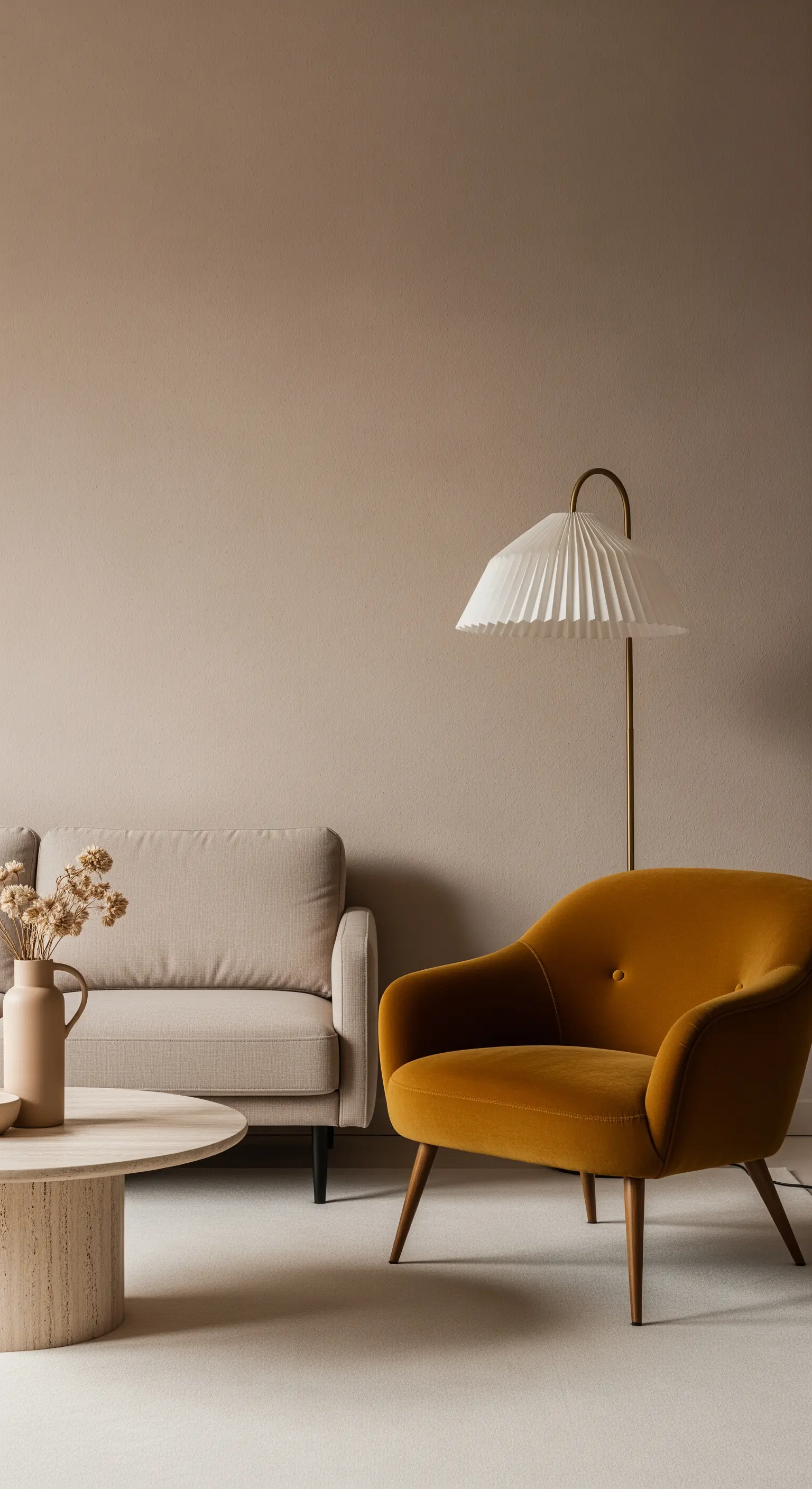 Salotto minimalista con pareti e divano beige e una poltrona in velluto color senape.