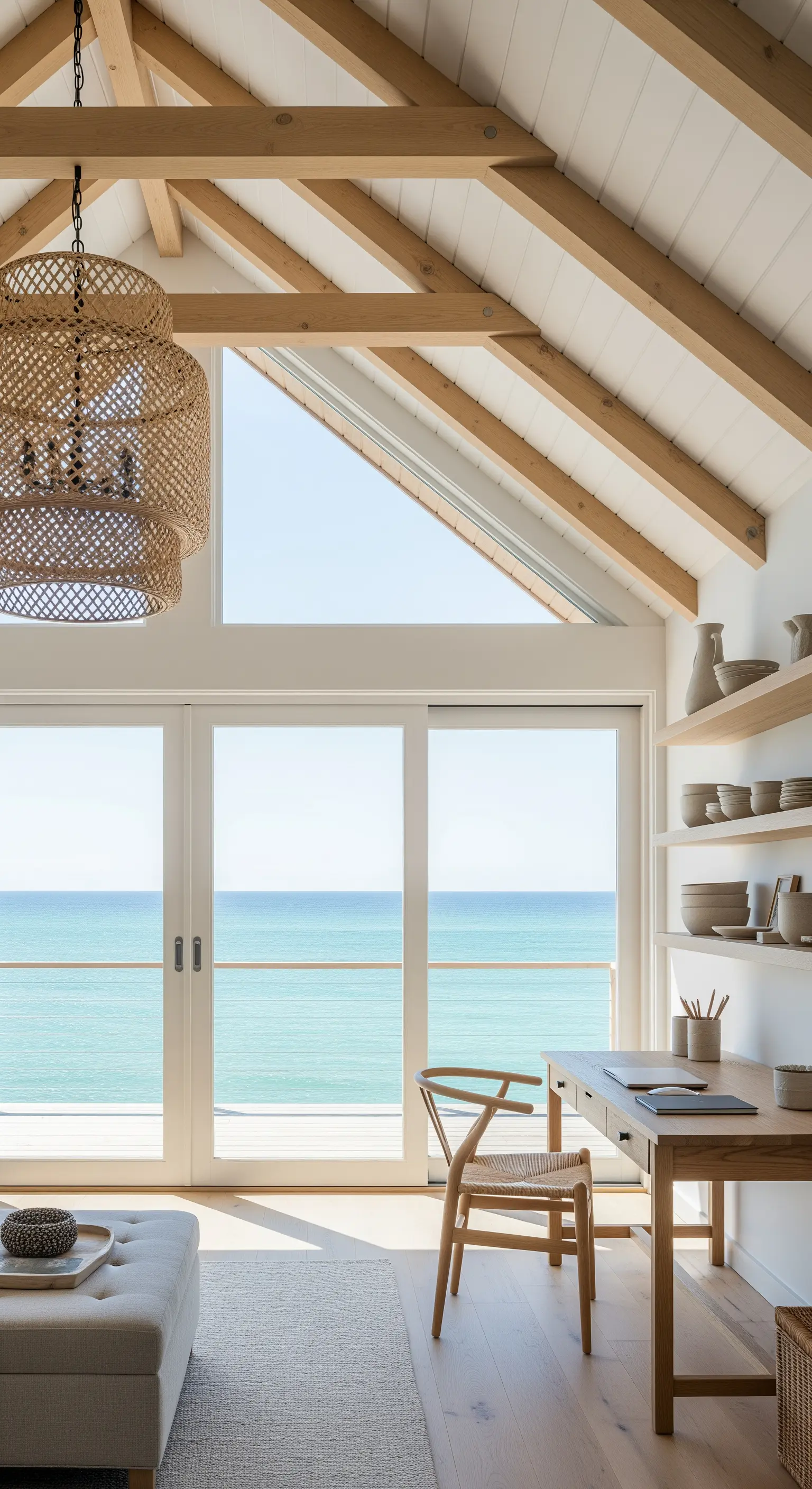 Studio vista mare con soffitto con travi a vista e un grande lampadario in rattan intrecciato.