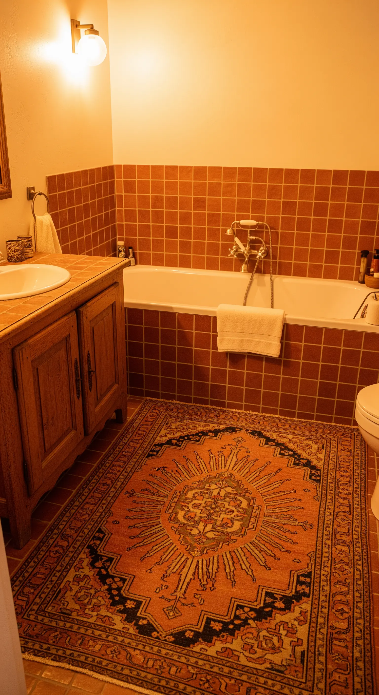 Bagno con piastrelle quadrate color terracotta e un grande tappeto orientale.
