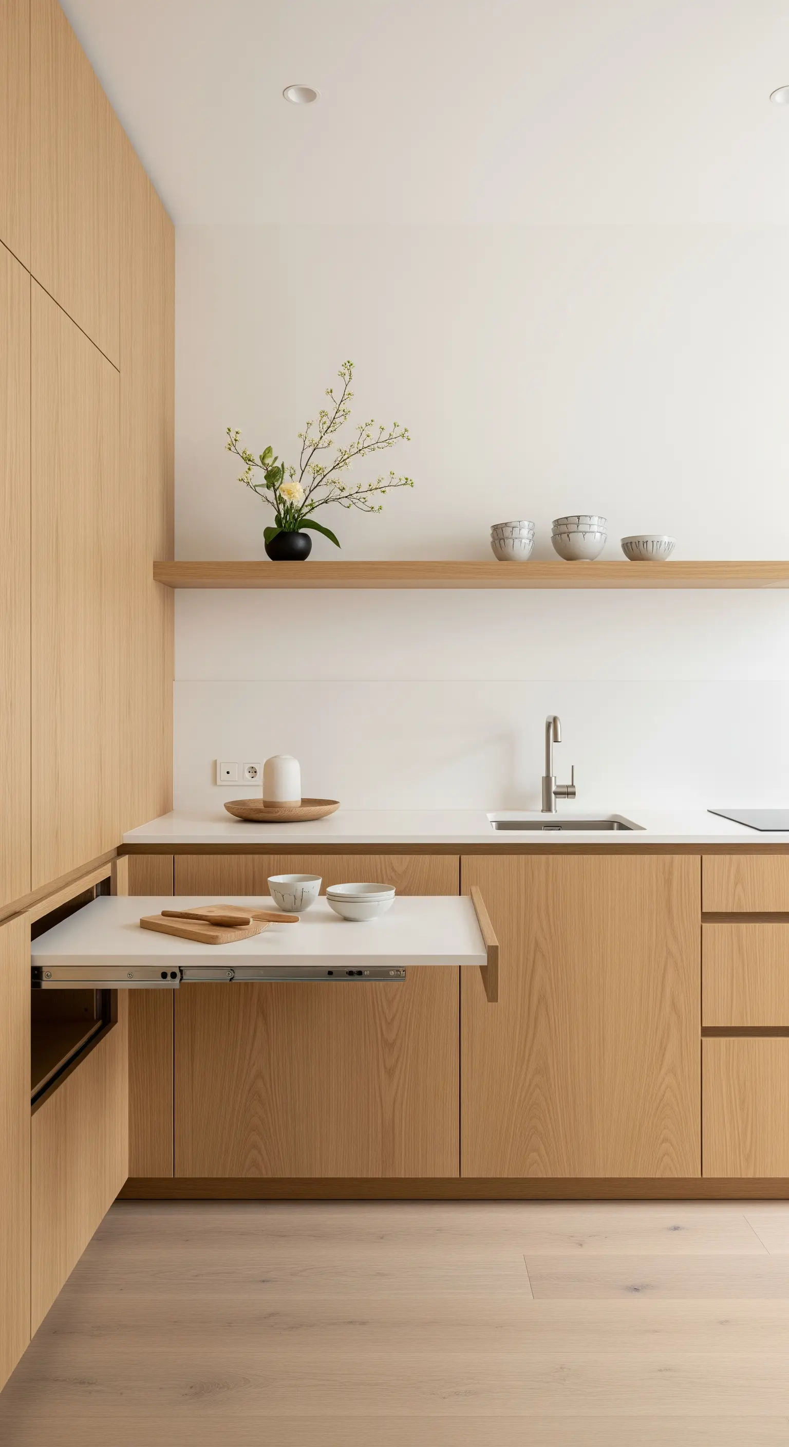 Cucina minimalista in rovere con piano tavolo estraibile a scomparsa e mensola singola.