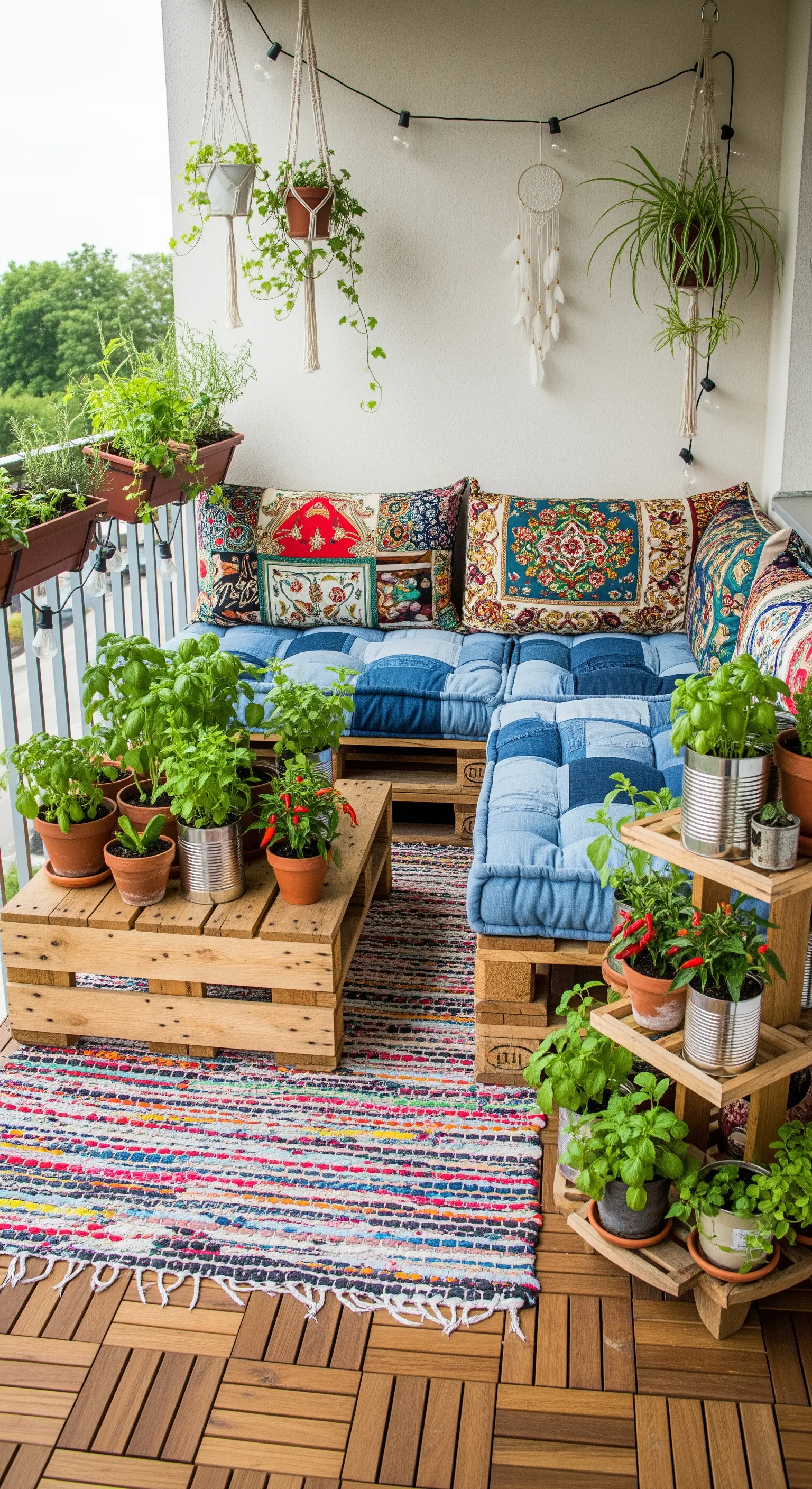 Balcone arredato con mobili in pallet, cuscini patchwork in denim e un orto di erbe aromatiche.