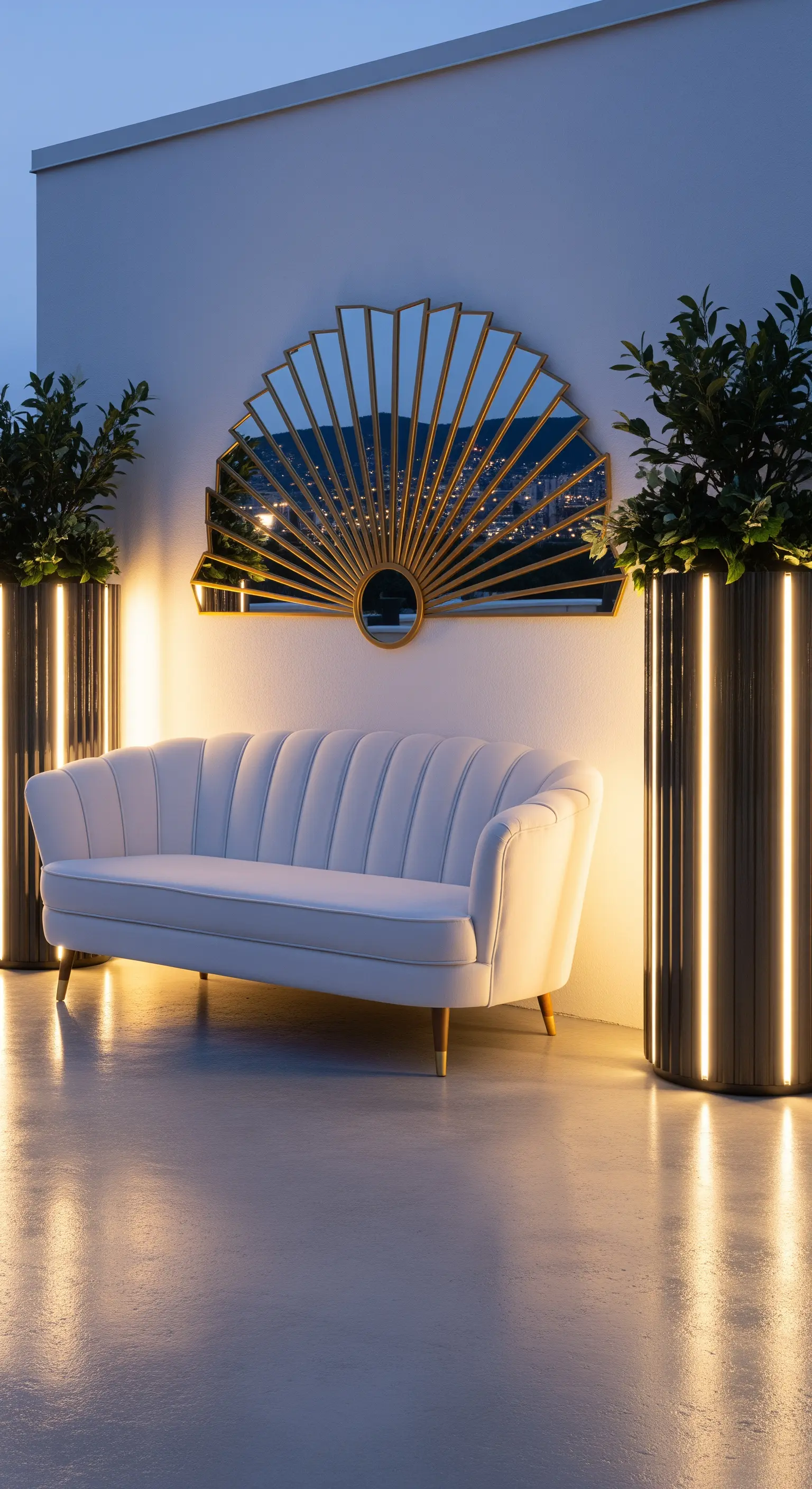 Divano bianco di design davanti a uno specchio a ventaglio Art Déco, tra due fioriere luminose