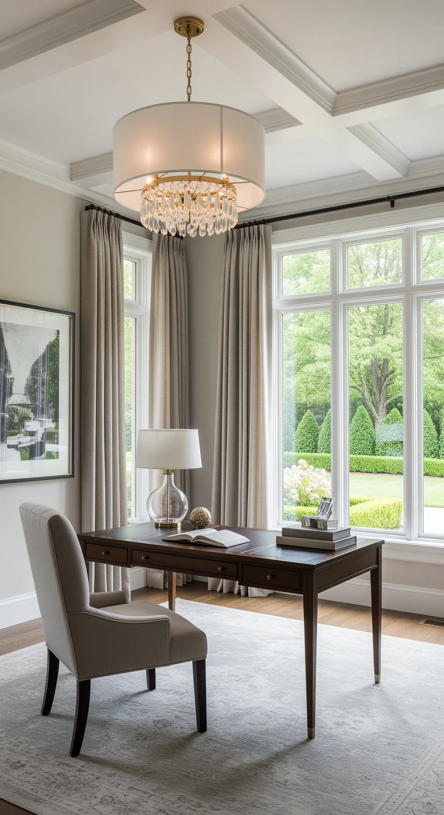 Ufficio domestico elegante con lampadario a tamburo, tende in lino e vista sul giardino.