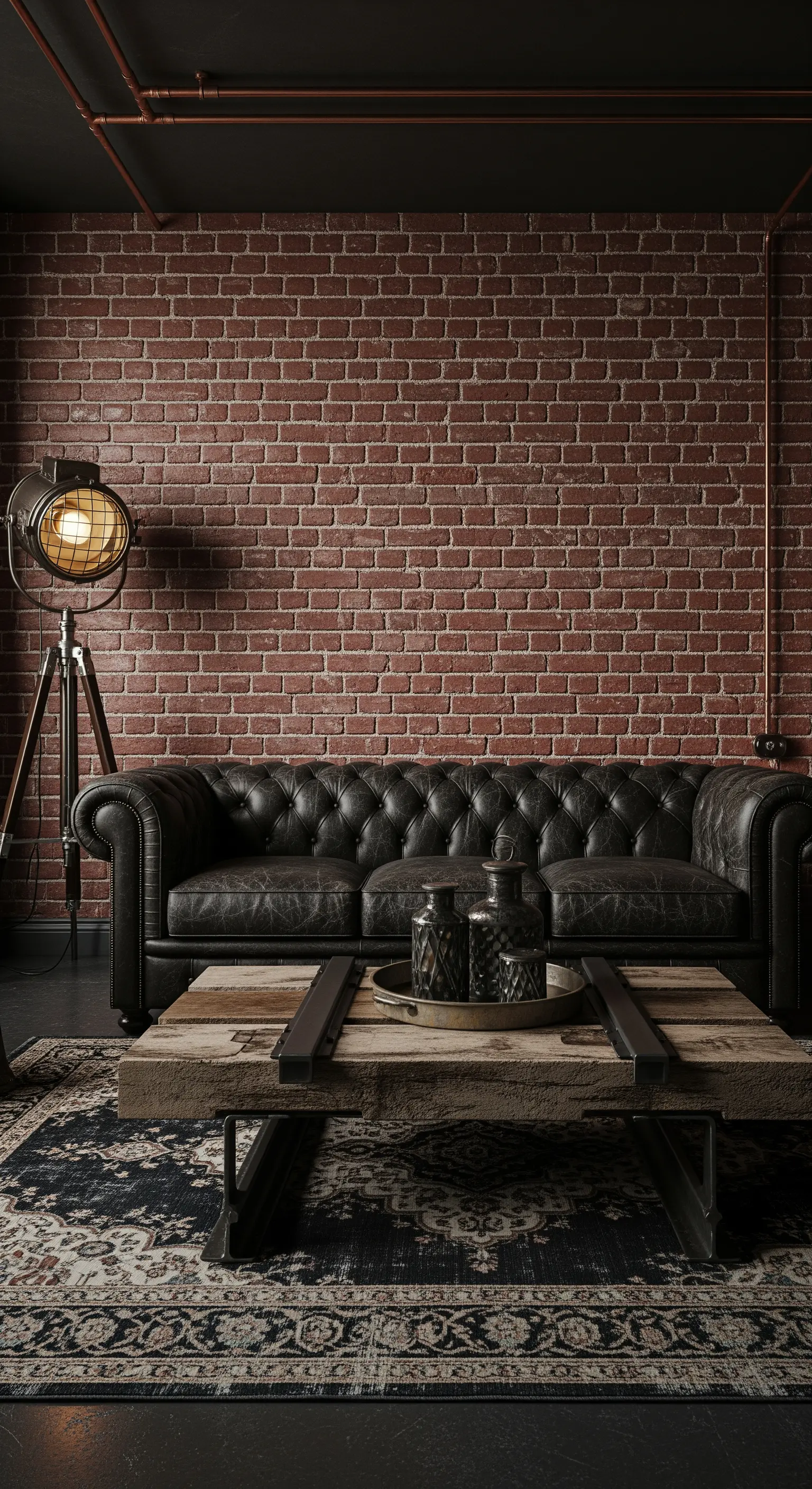 Divano Chesterfield in pelle nera davanti a una parete di mattoni, con un tavolino in legno grezzo.