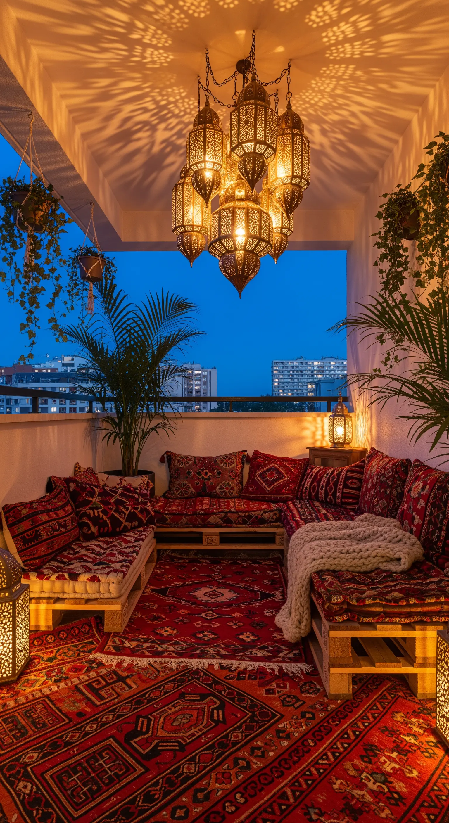 Balcone bohémien con divani in pallet, tappeti rossi e un grande lampadario di lanterne dorate.