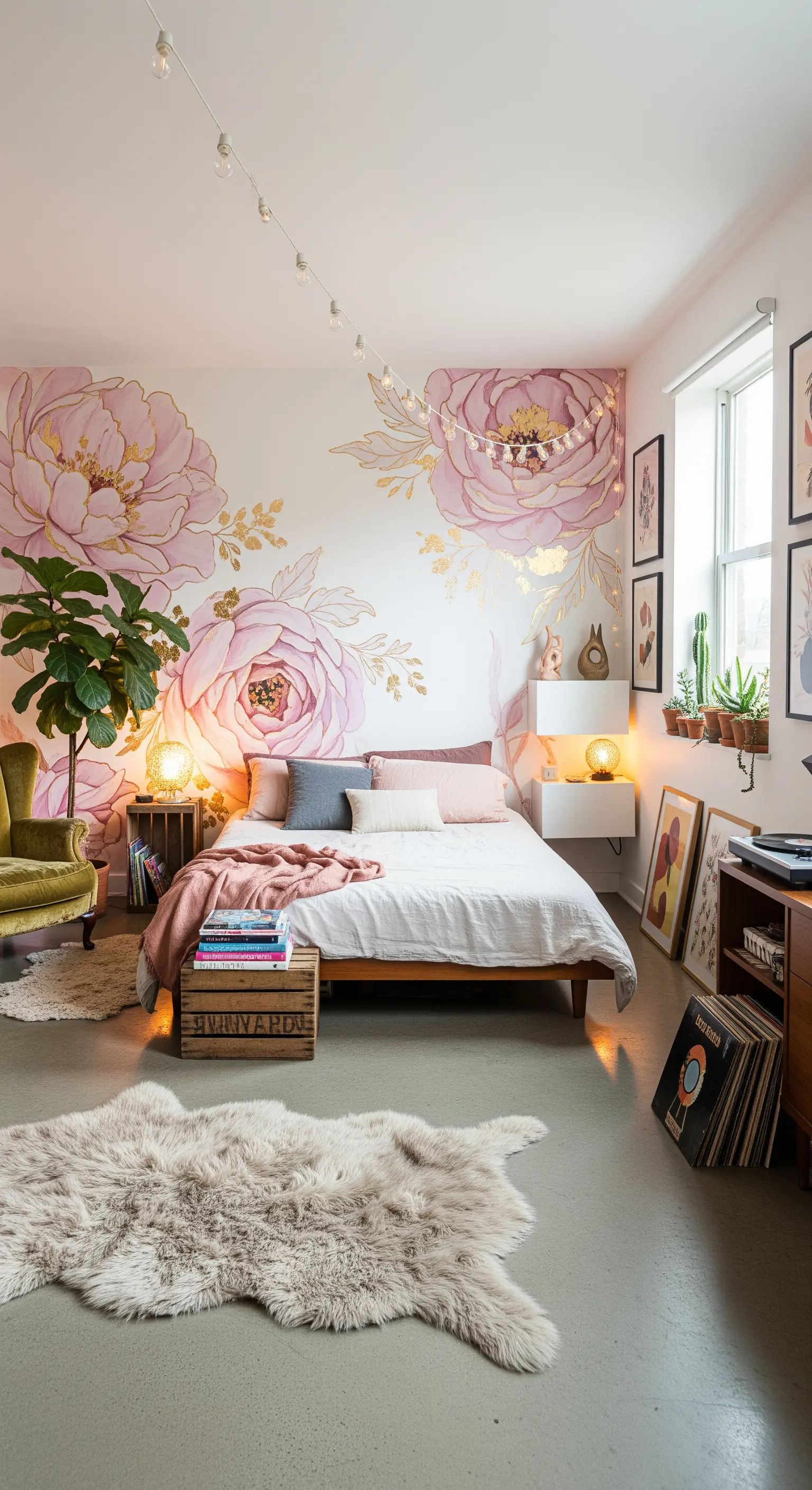 Parete dietro il letto decorata con una grande carta da parati a tema floreale rosa e oro.