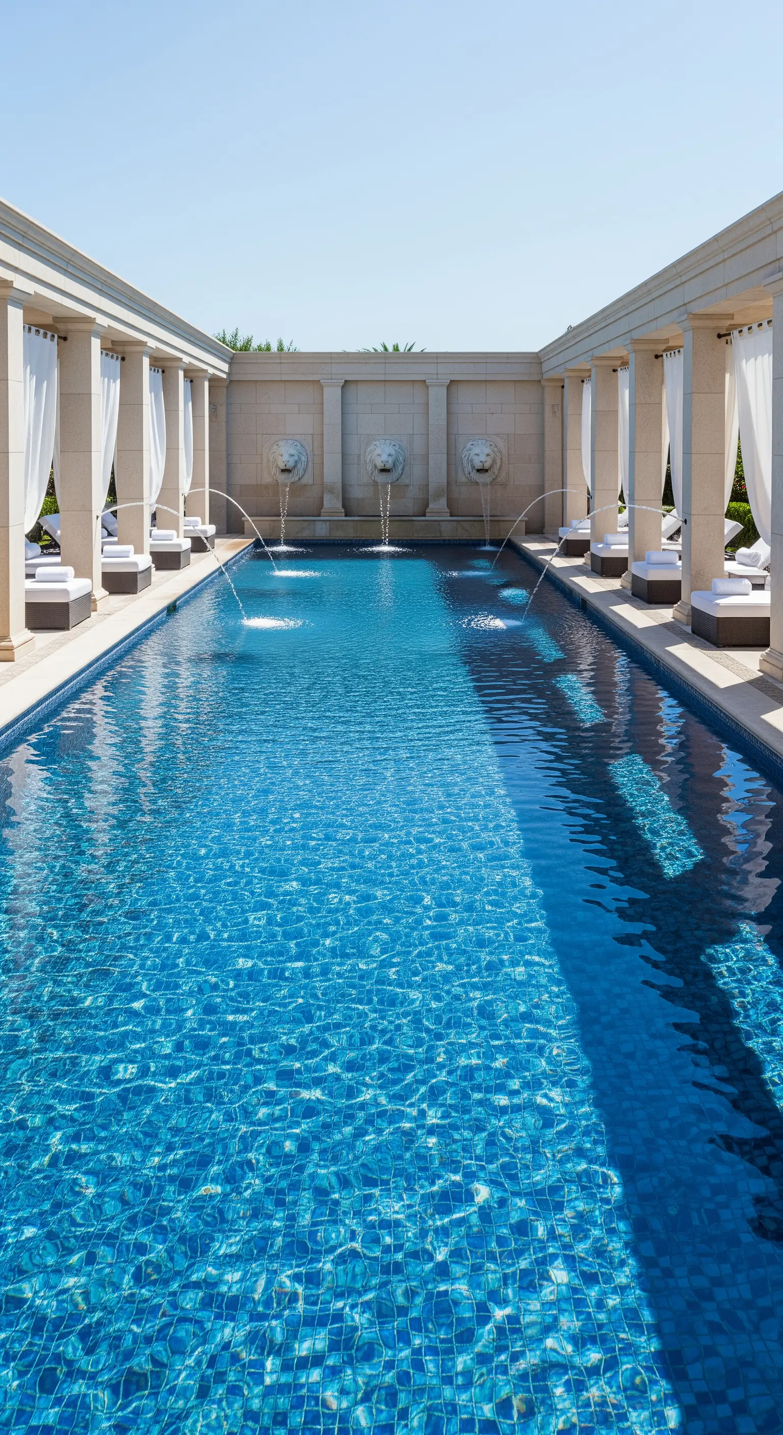 Piscina di lusso con colonne, tende bianche e tre mascheroni a forma di leone che gettano acqua