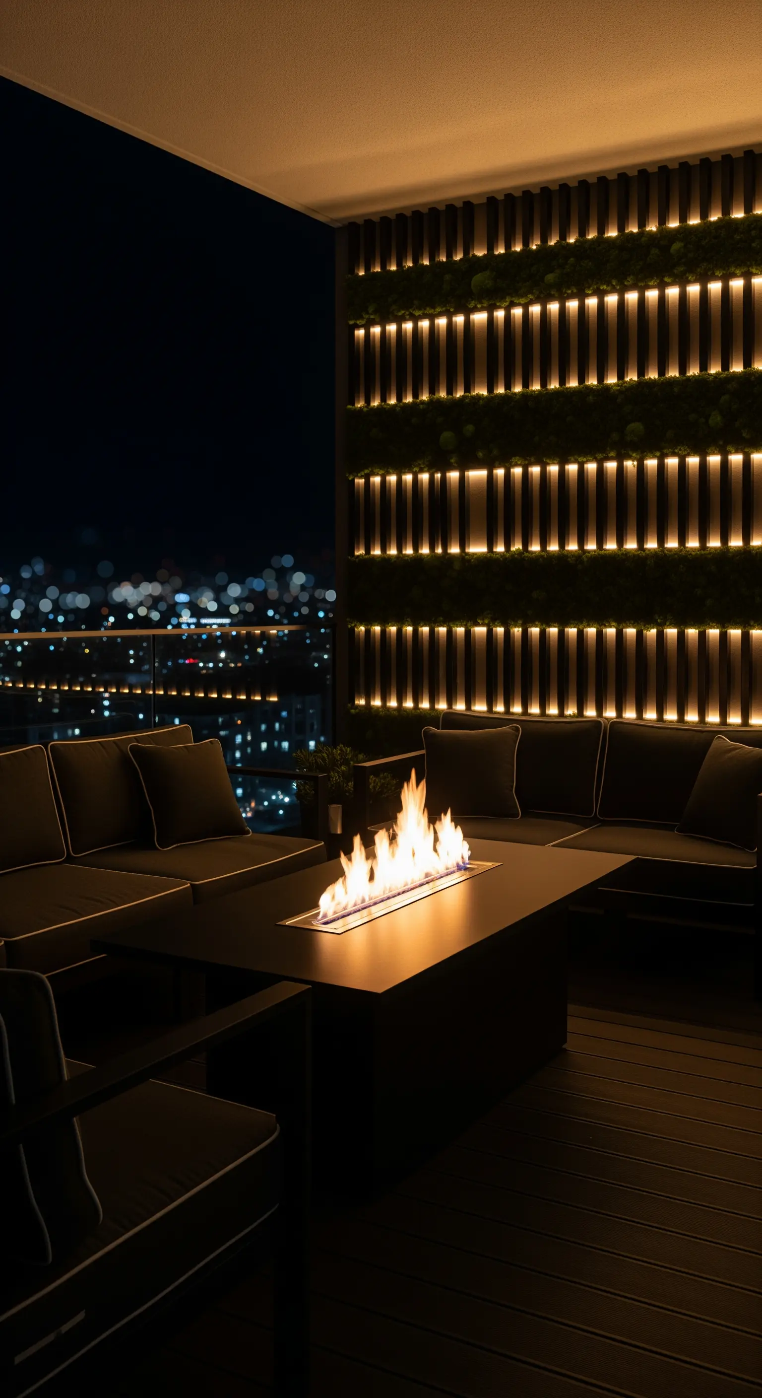Terrazza notturna con divani neri, tavolo-braciere e una parete a listelli con illuminazione integrata.