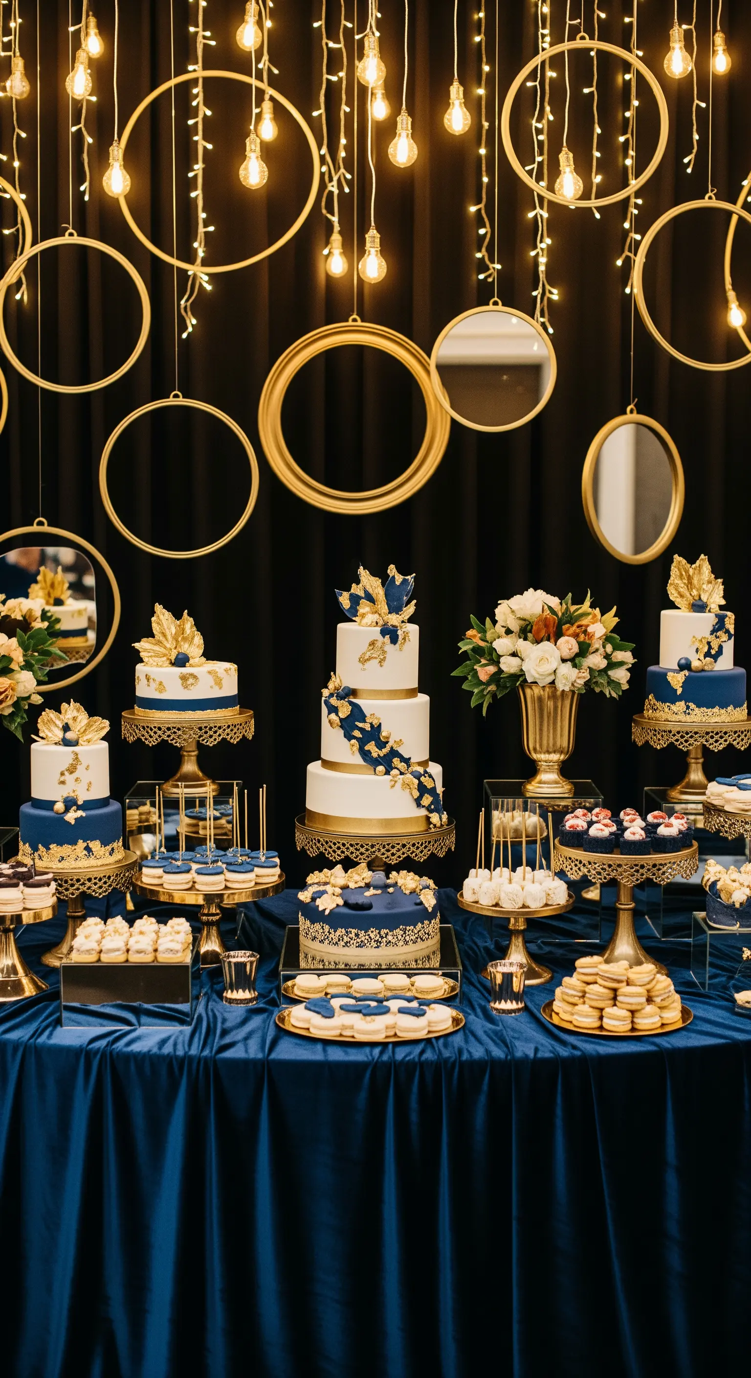 Sweet table con torte blu e oro, decorato con cerchi dorati e specchi sospesi.