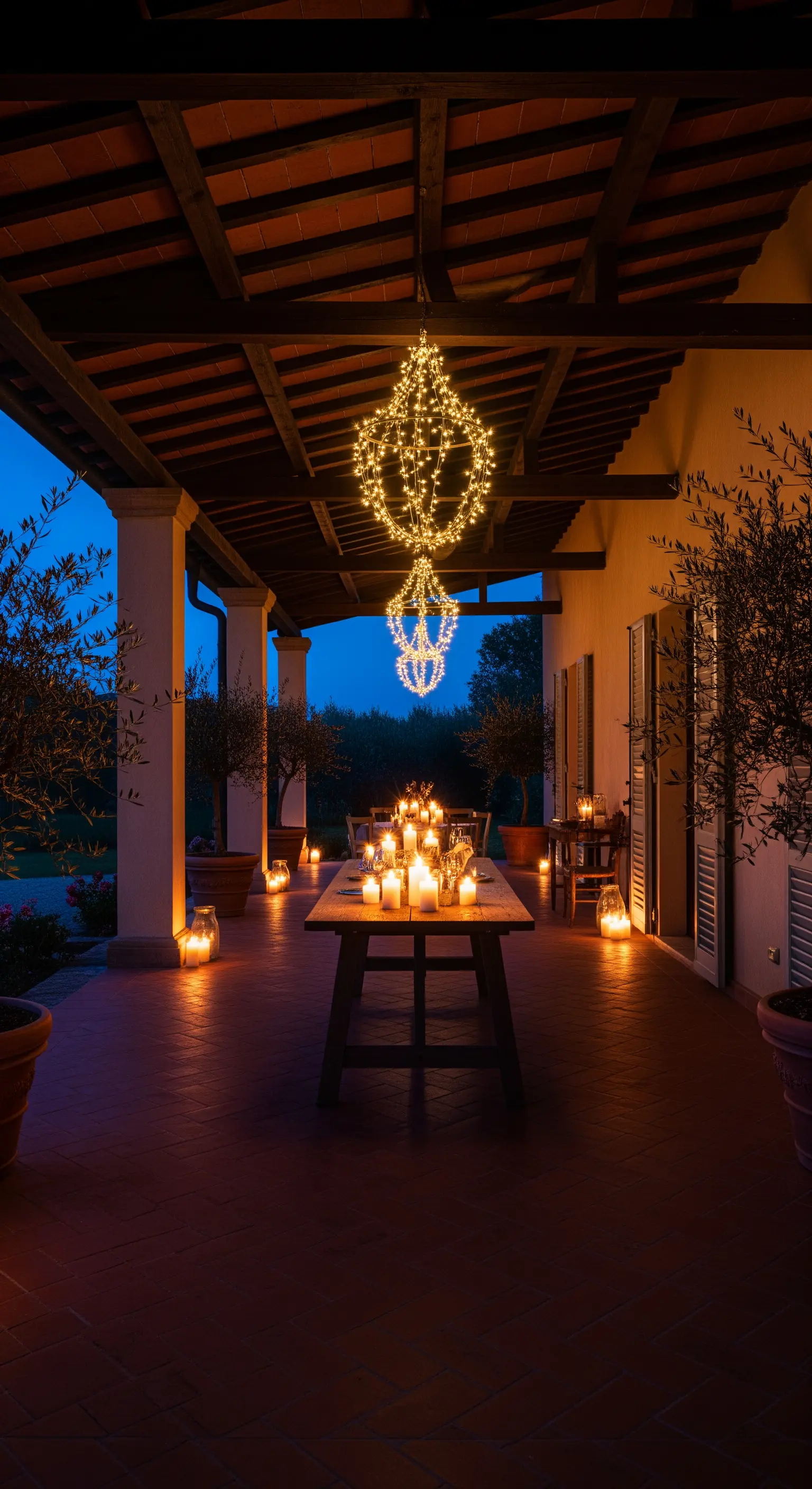 Tavolo da pranzo su un portico di notte, illuminato da candele e lampadari di lucine.