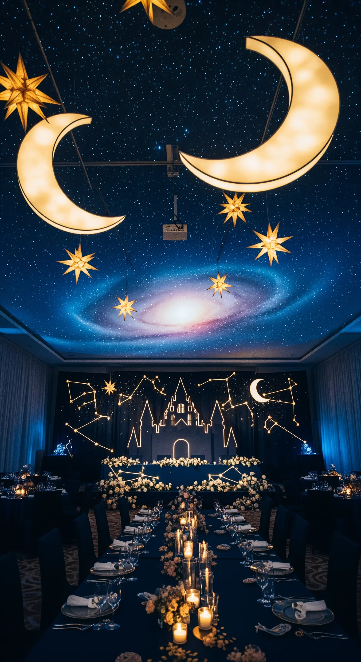 Sala da ballo a tema celestiale con proiezioni di galassie e grandi lune luminose.