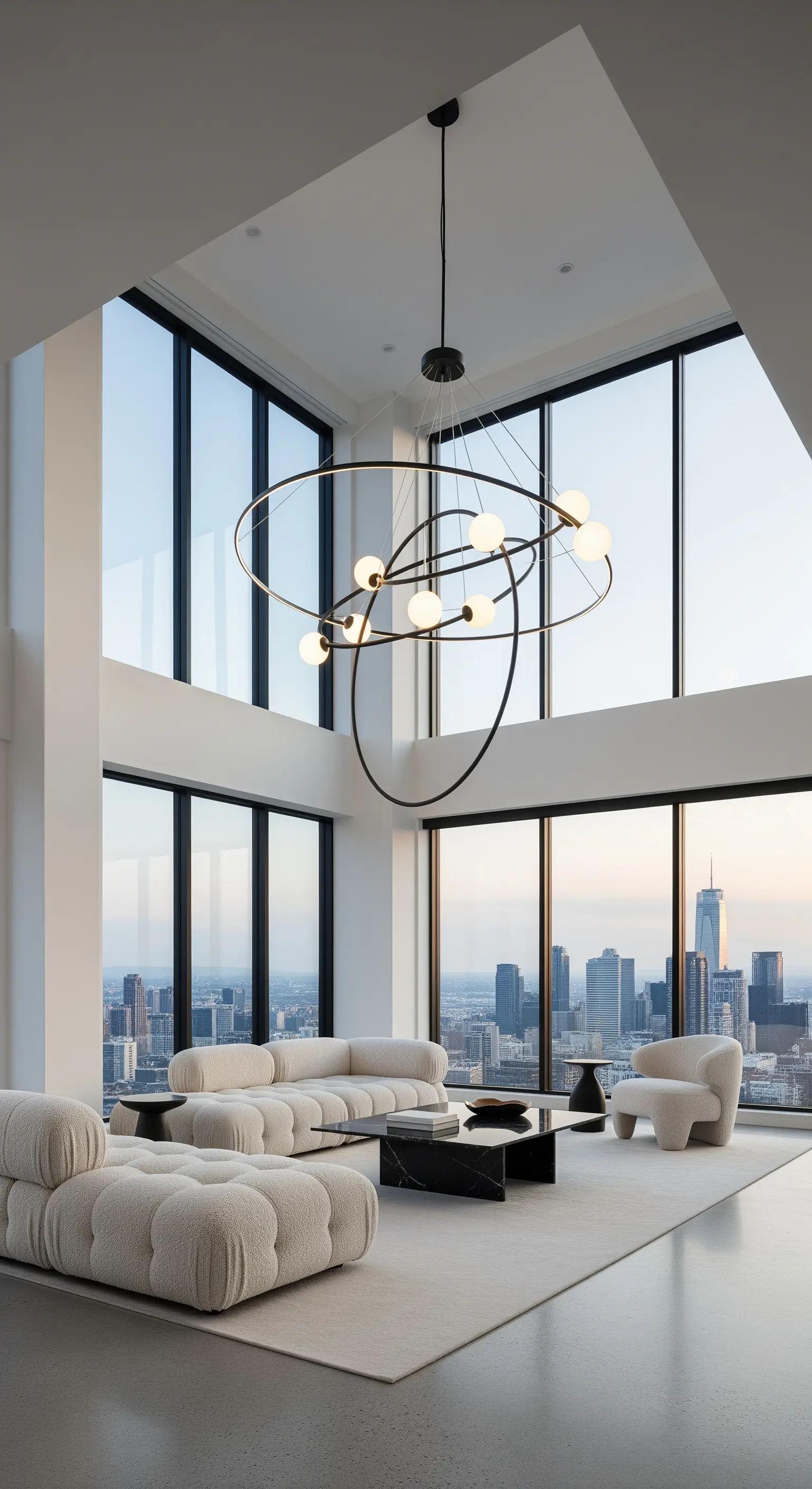 Soggiorno minimalista a doppia altezza con lampadario circolare nero e vista sulla città.