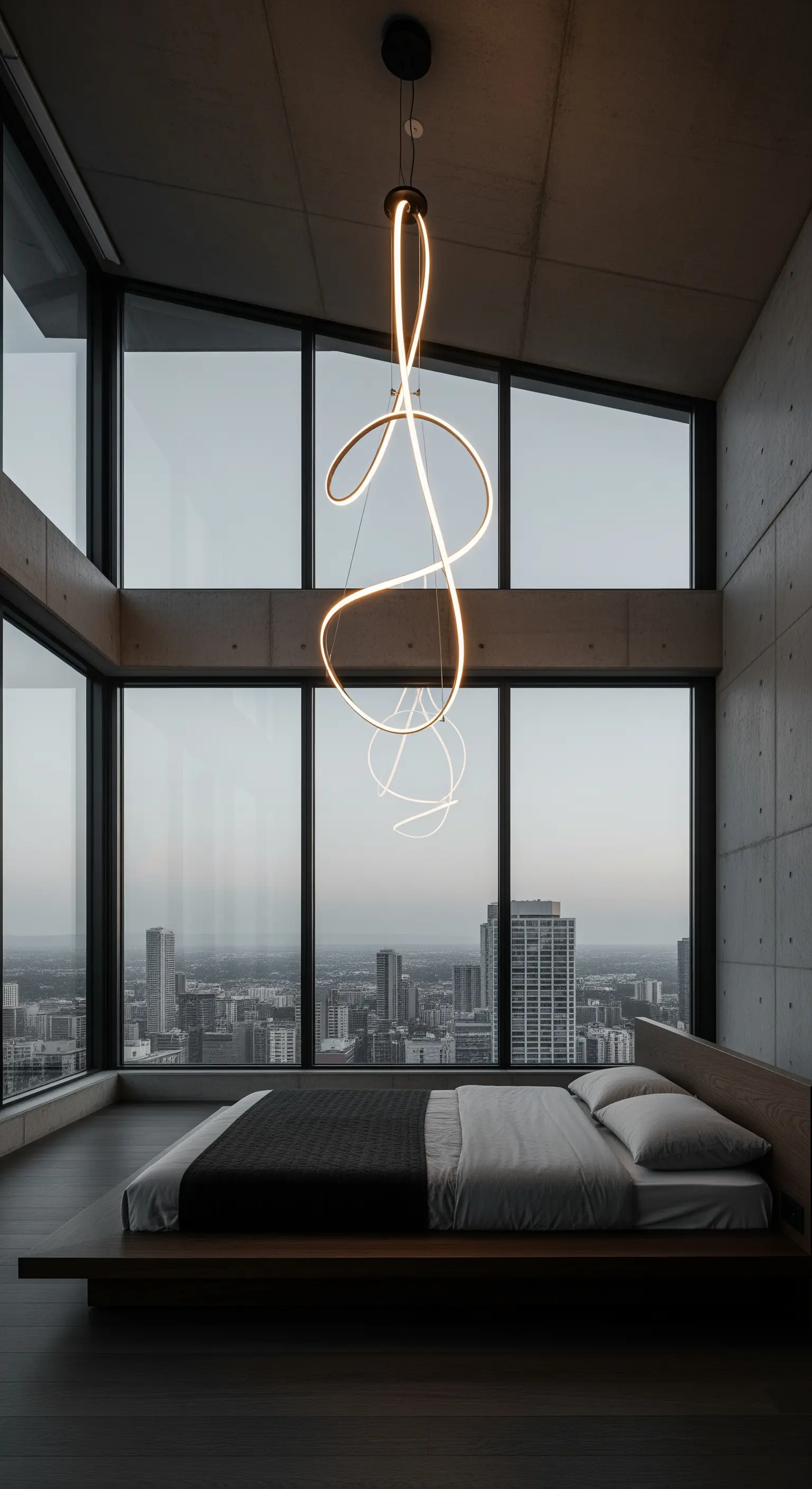 Lampadario scultoreo a LED in una camera da letto minimalista con pareti in cemento e ampie vetrate.