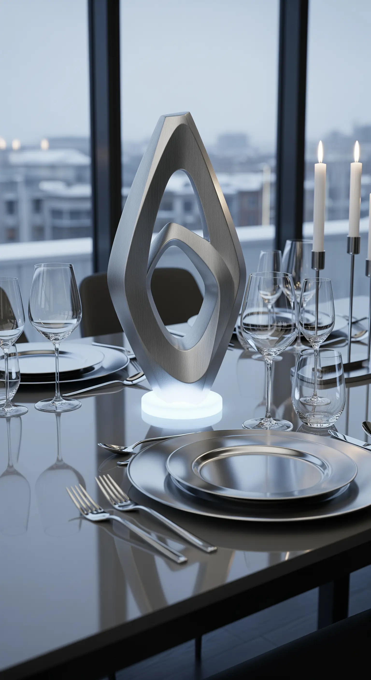 Tavola moderna con scultura in metallo satinato illuminata da una base a LED.