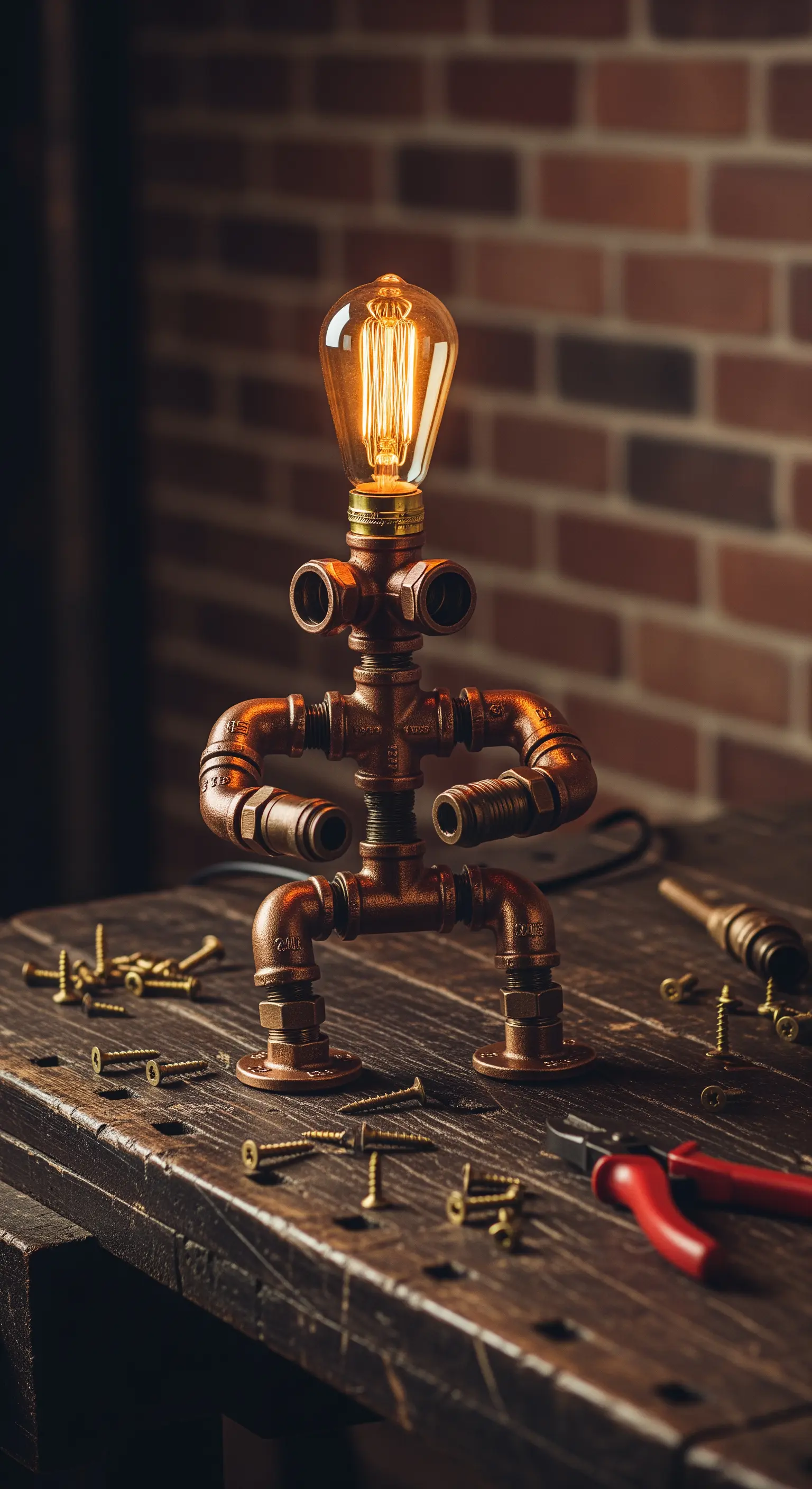 Lampada da tavolo a forma di robot realizzata con tubi di rame e raccordi idraulici.