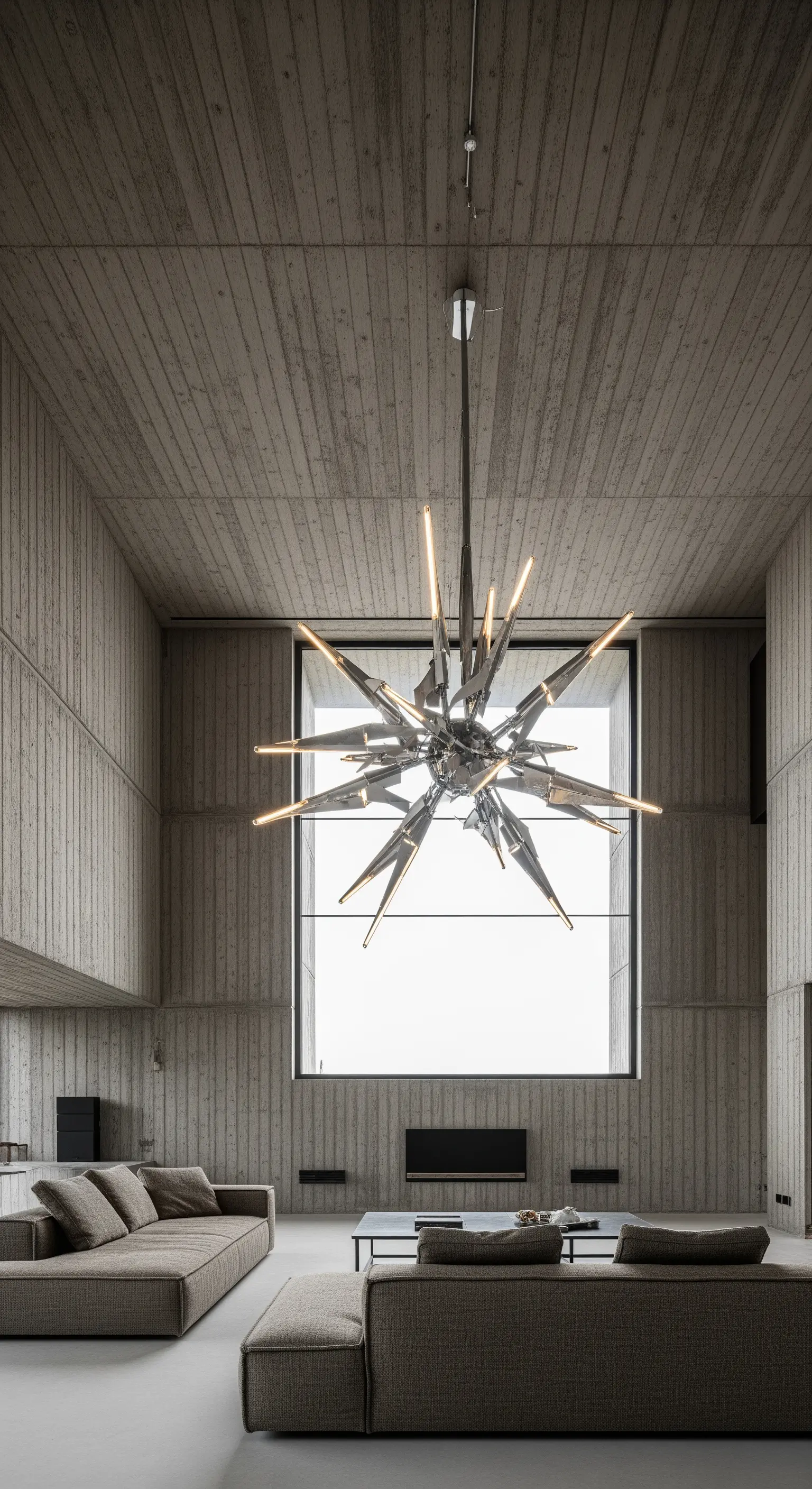 Soggiorno brutalista con pareti in cemento e un lampadario scultoreo in metallo appuntito.
