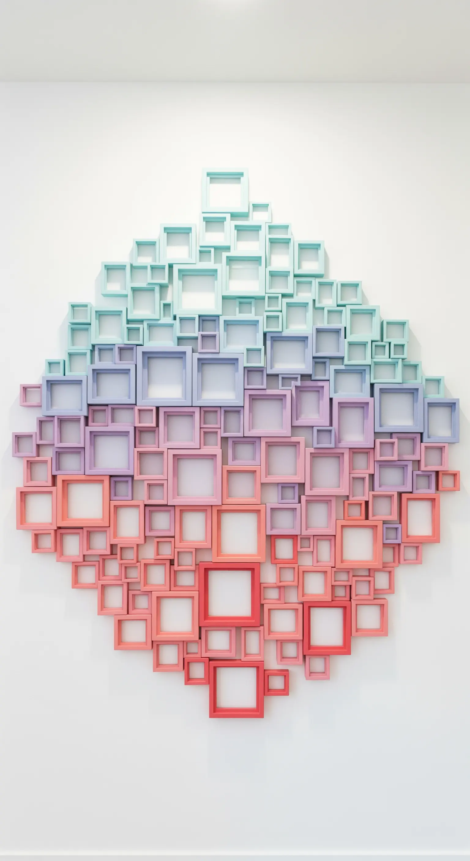 Installazione 3D a parete composta da decine di cornici quadrate vuote in un gradiente pastello.