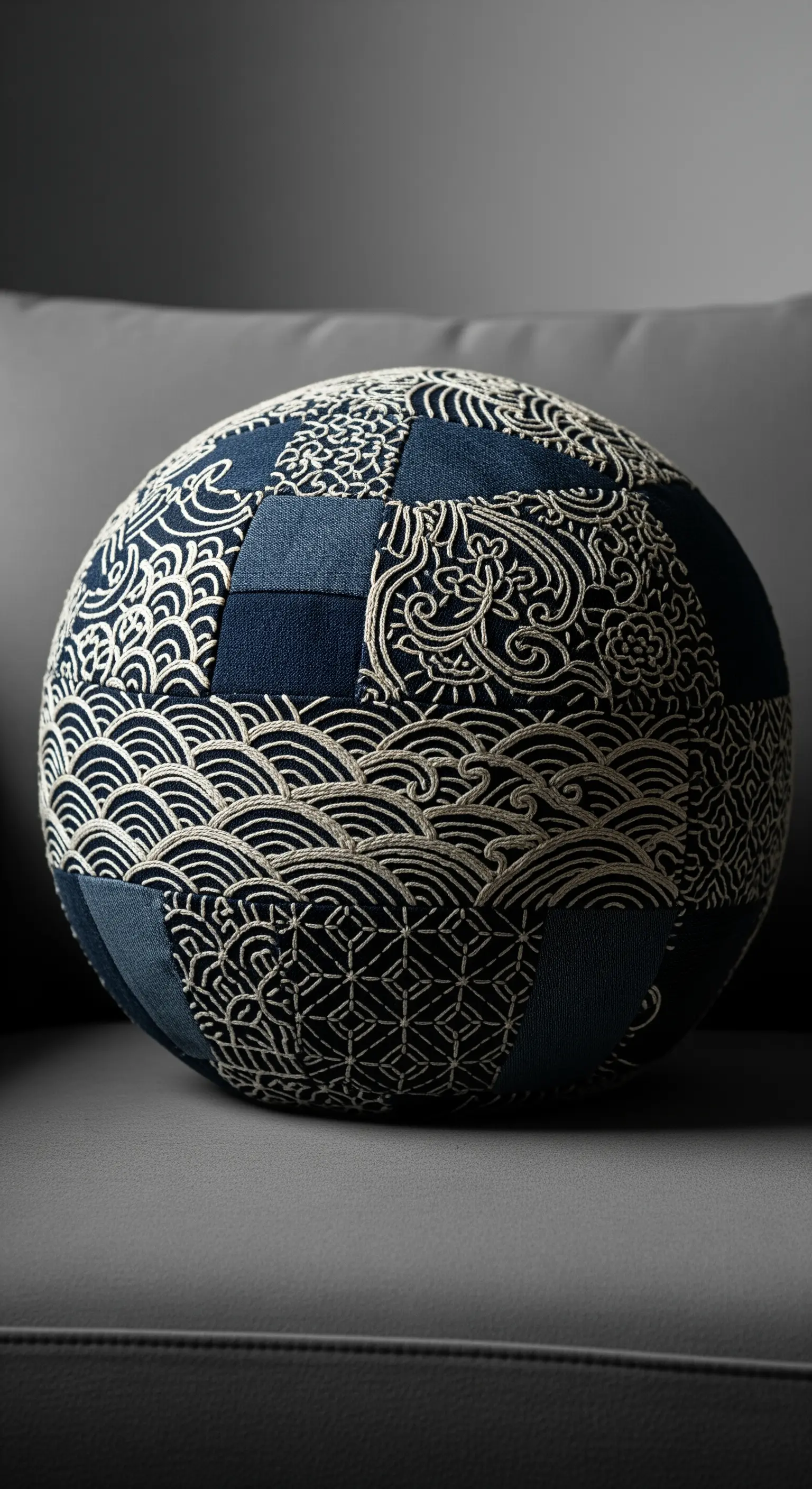 Cuscino sferico patchwork con tessuti blu e ricami dorati a motivi giapponesi.