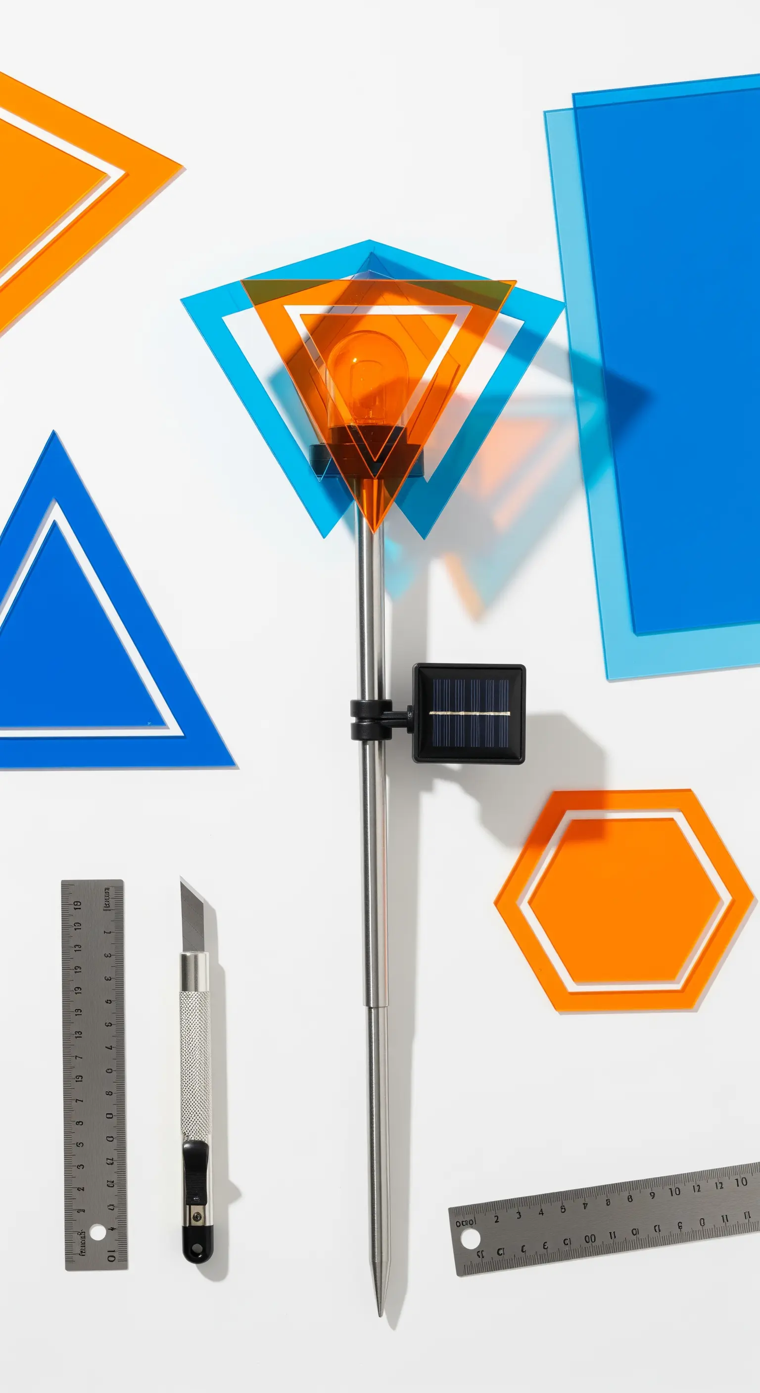 Luce solare a picchetto decorata con forme geometriche in acrilico blu e arancione.
