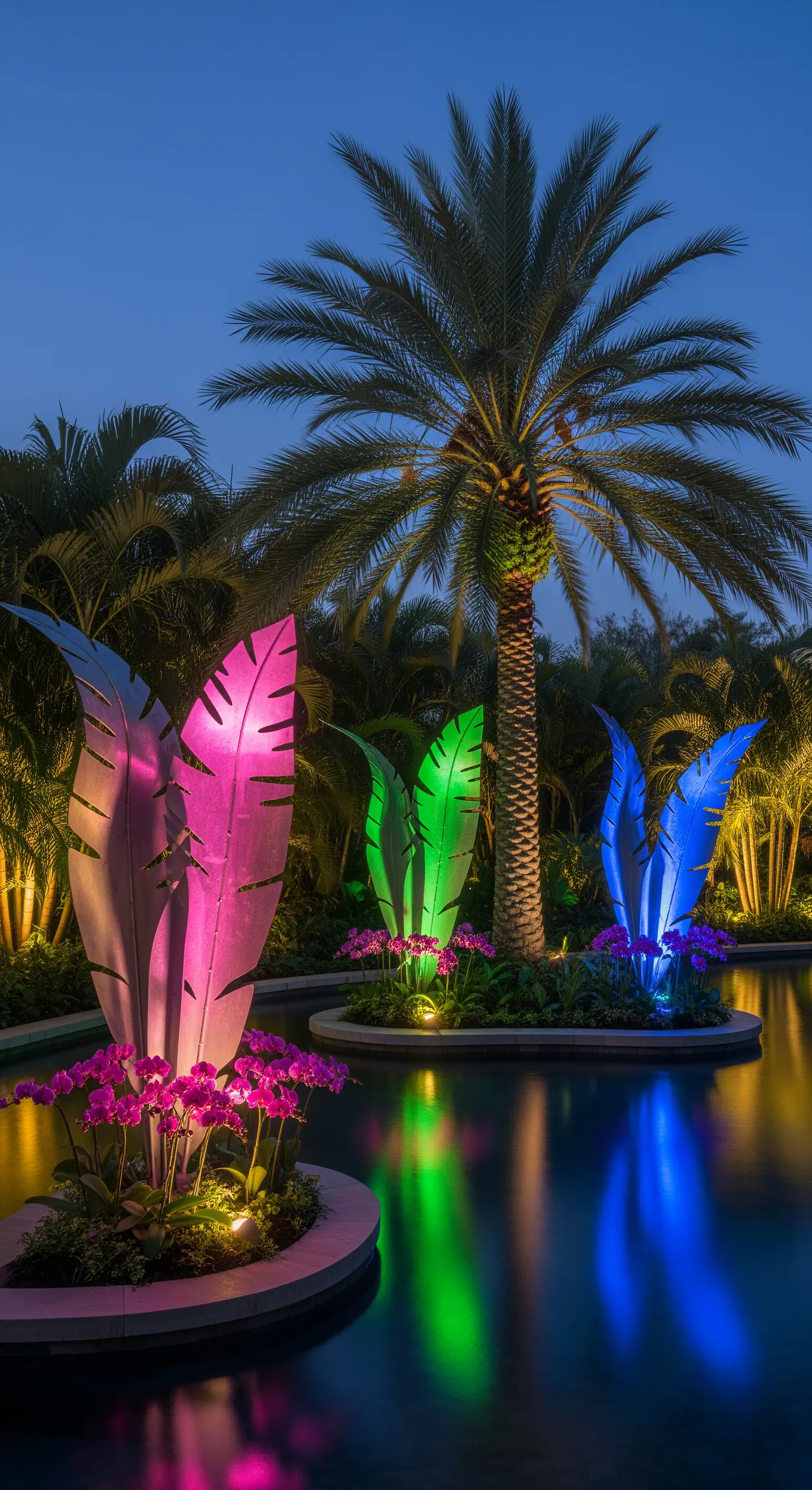 Sculture a forma di foglia illuminate con luci rosa, verdi e blu, che si riflettono in un laghetto.