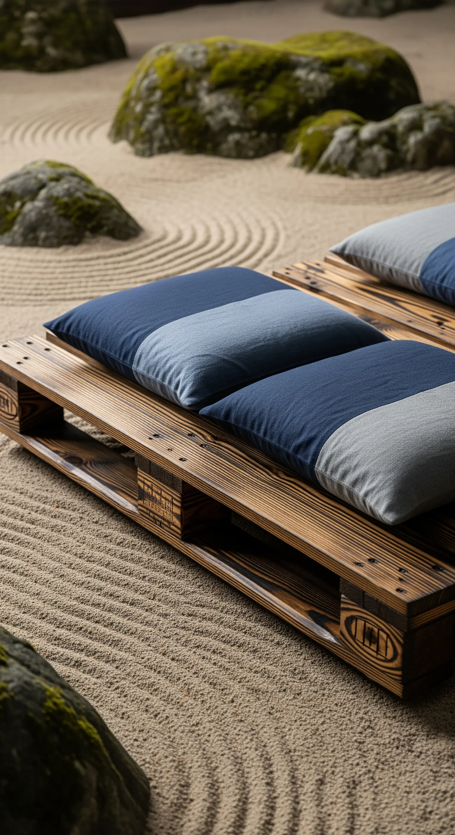 Seduta bassa in pallet scuro con cuscini blu e grigi in un giardino zen con sabbia