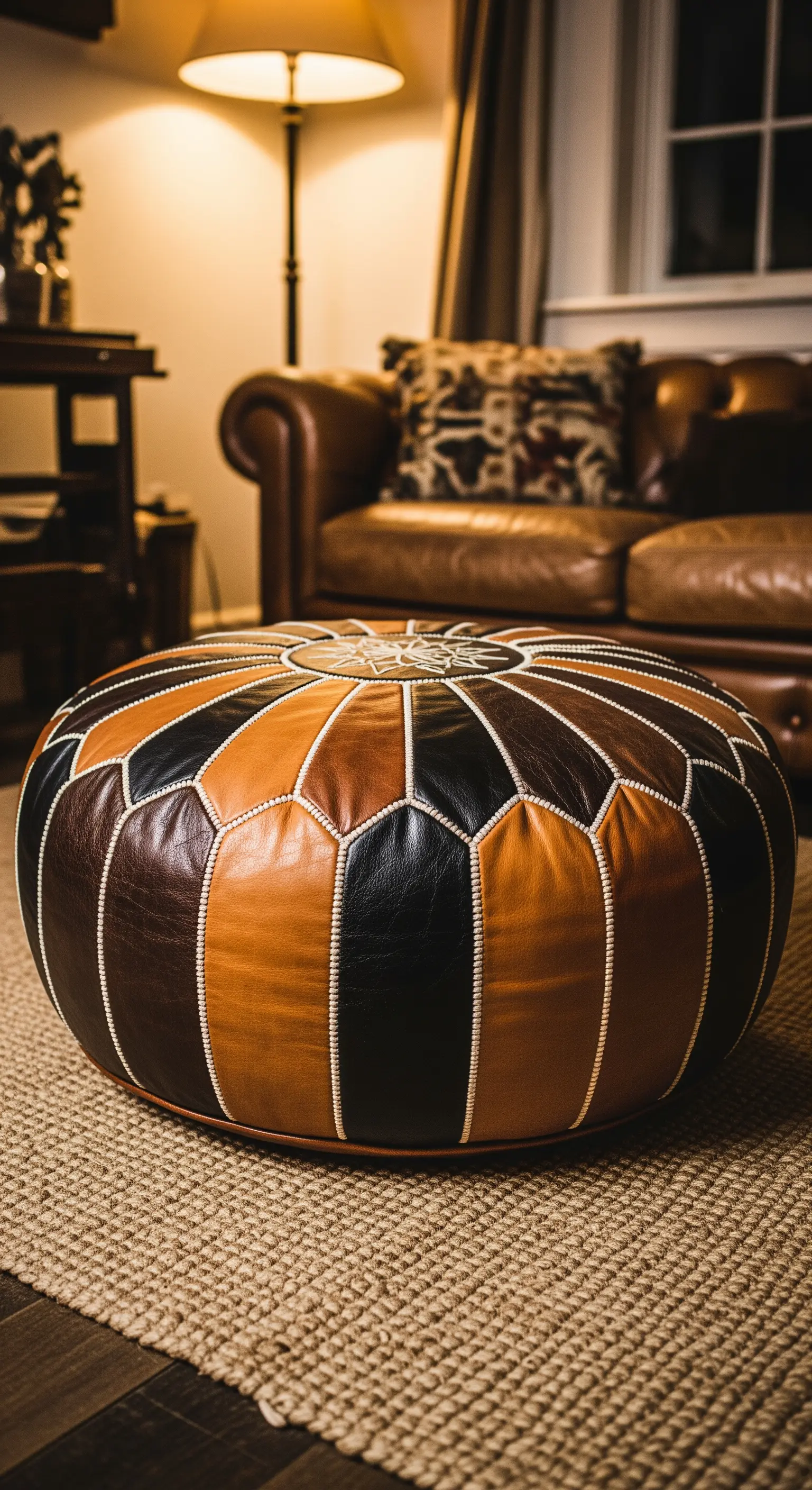 Pouf marocchino a spicchi in pelle di diversi colori (nero, marrone, cognac).