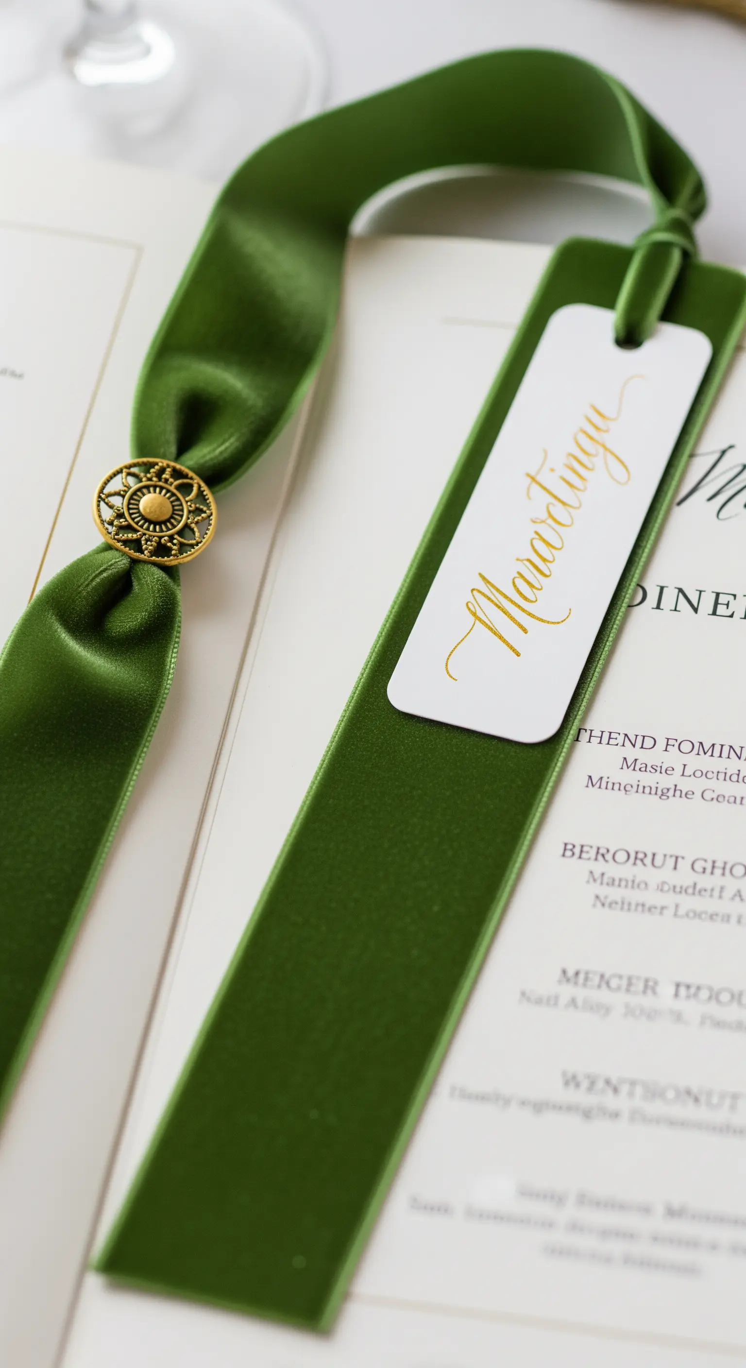 Segnalibro in nastro di velluto verde con un'etichetta bianca e oro e un piccolo ciondolo dorato.