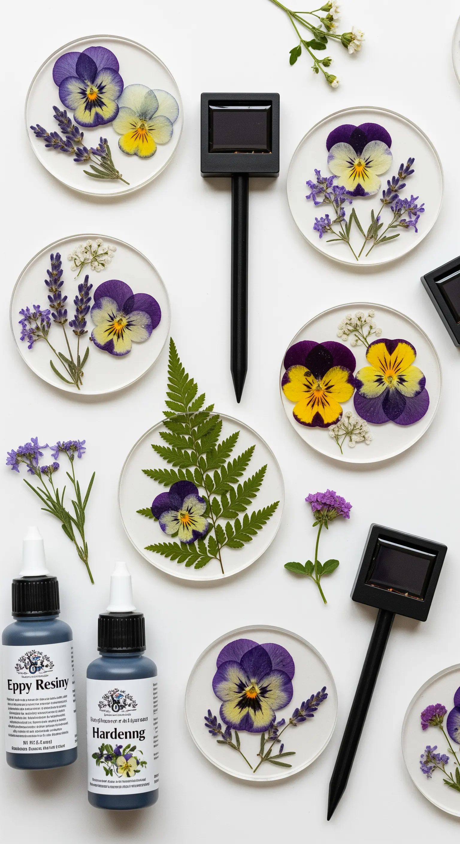 Dischi in resina con fiori pressati, pronti per essere montati su luci solari a picchetto.